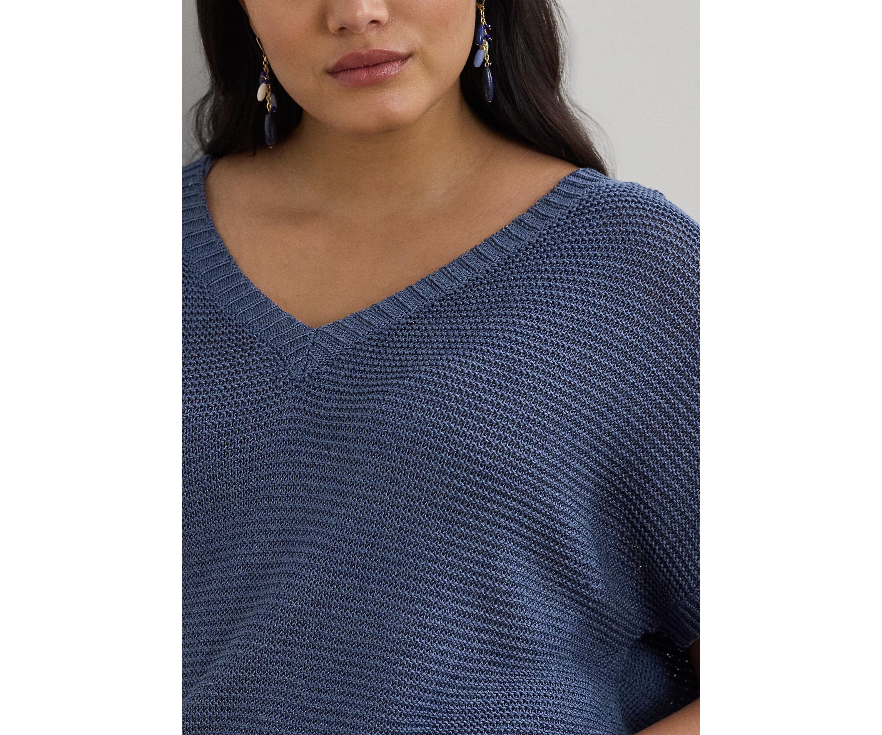 Womens Linen-Blend Short-Sleeve V-Neck Sweater