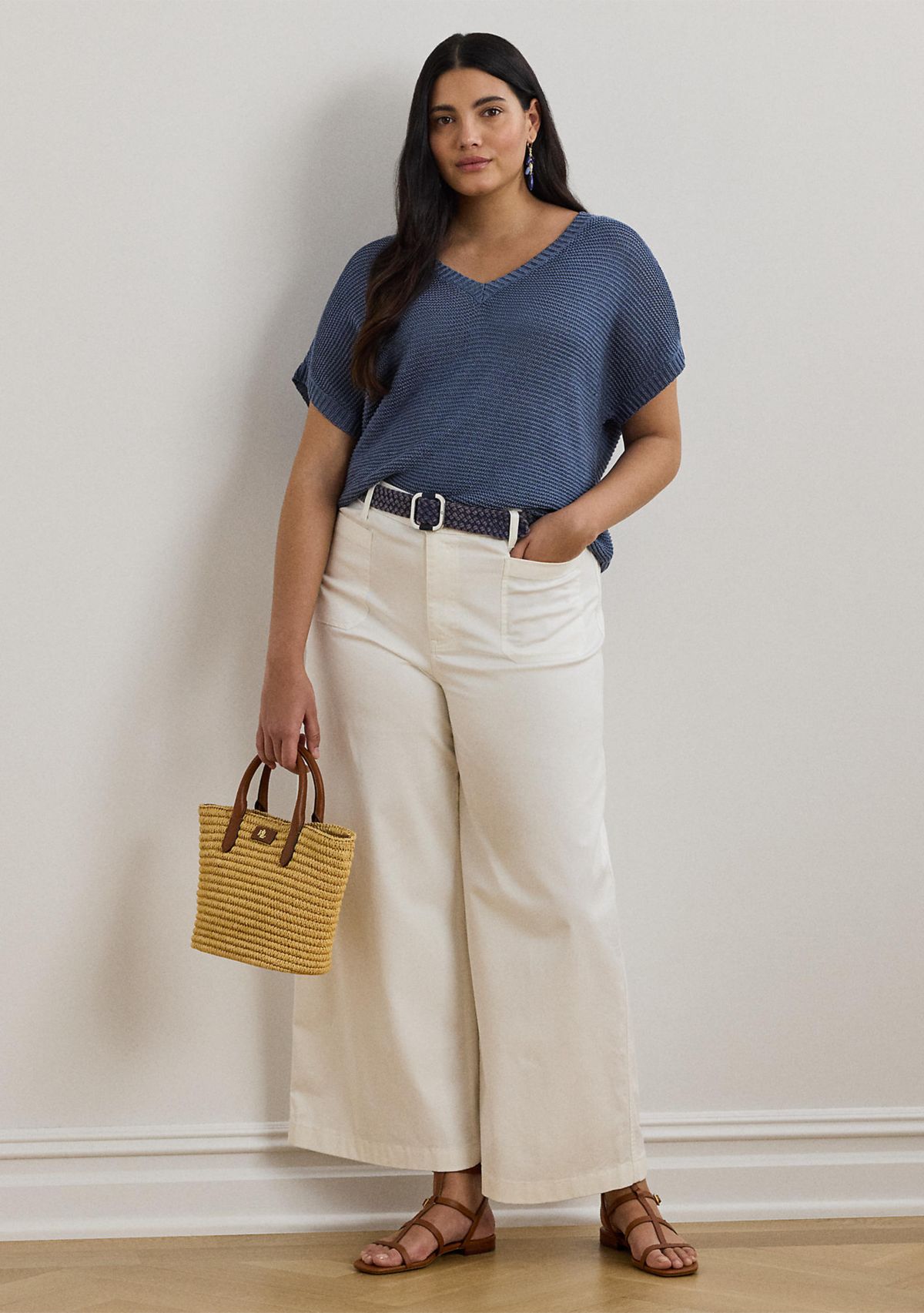 Plus Size Linen-Blend Short-Sleeve V-Neck Sweater