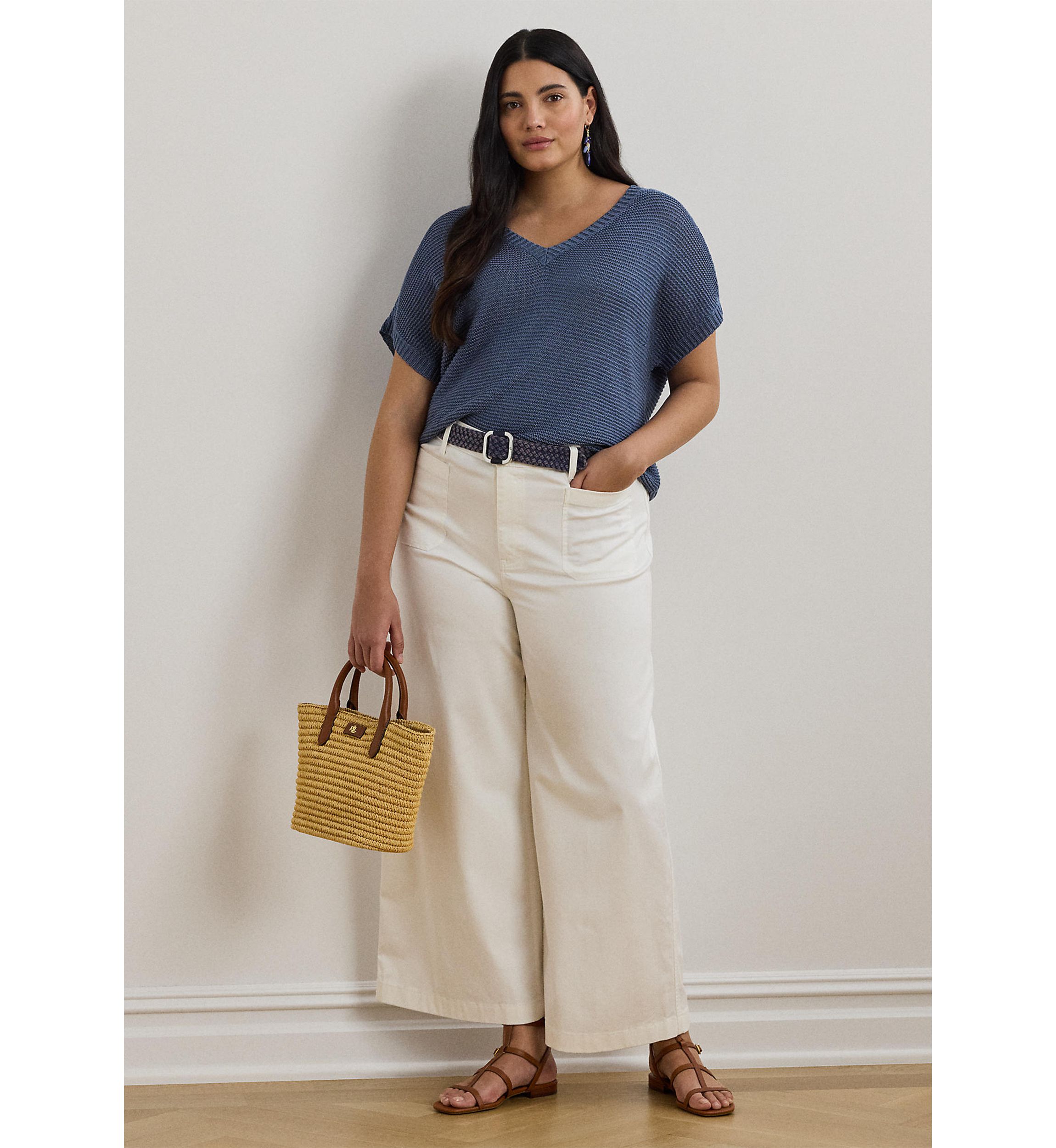 Womens Linen-Blend Short-Sleeve V-Neck Sweater