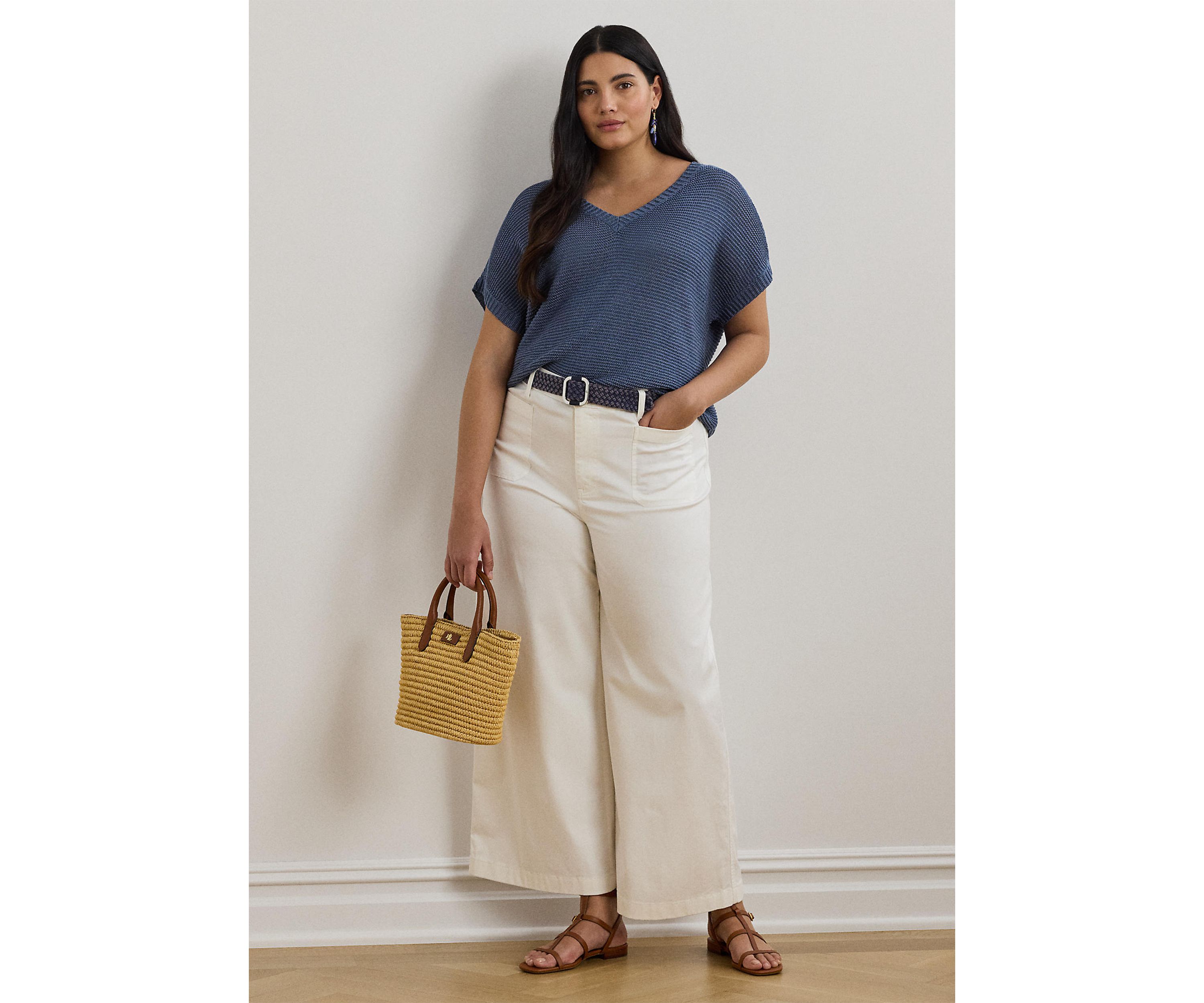 Womens Linen-Blend Short-Sleeve V-Neck Sweater