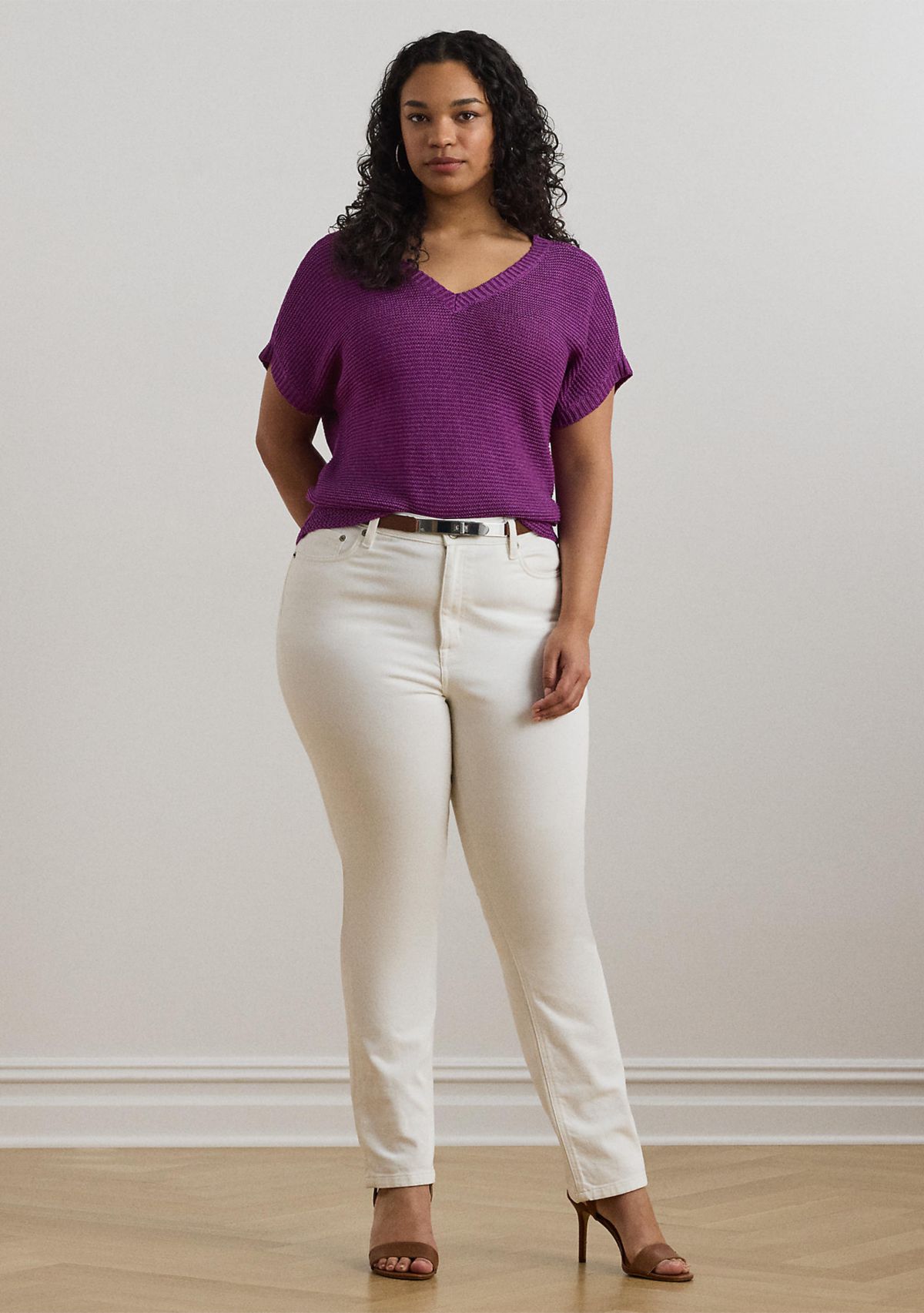 Plus Size Linen-Blend Short-Sleeve V-Neck Sweater