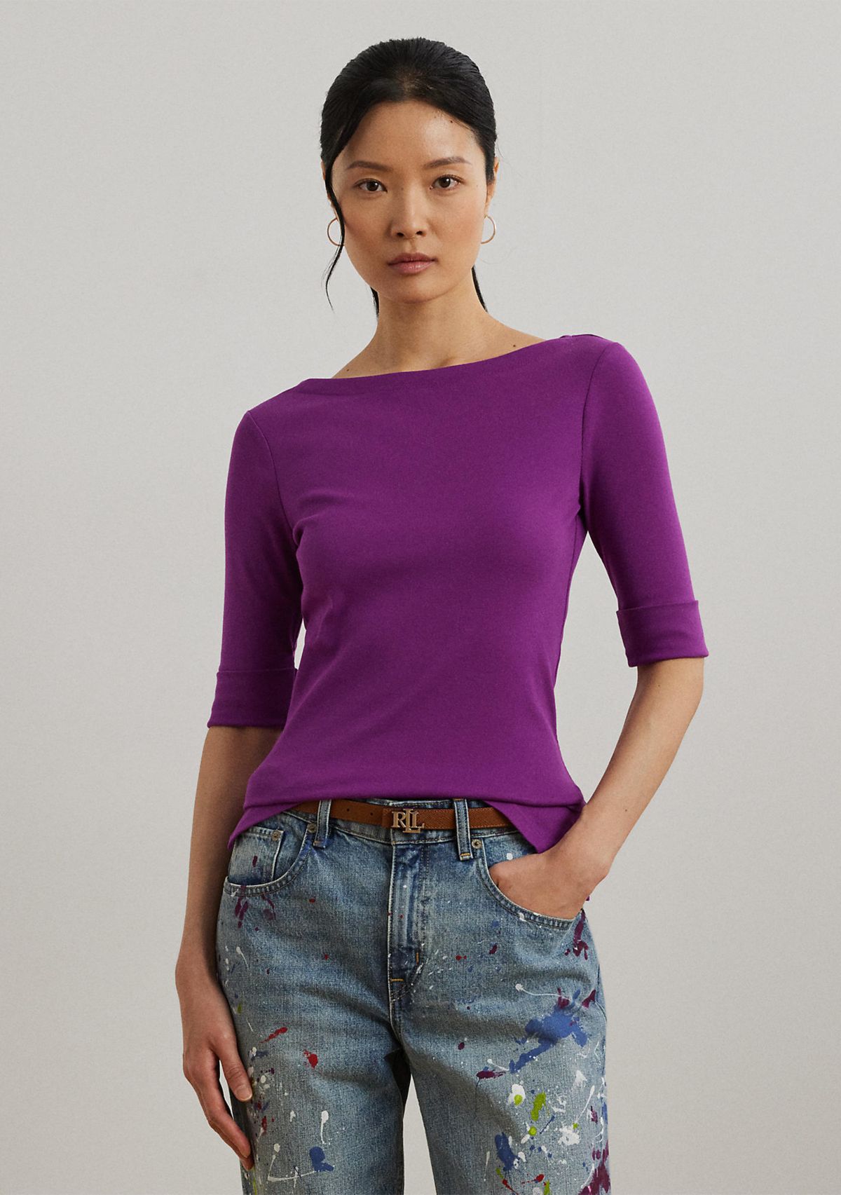 Petite Stretch Cotton Boat Neck T-Shirt