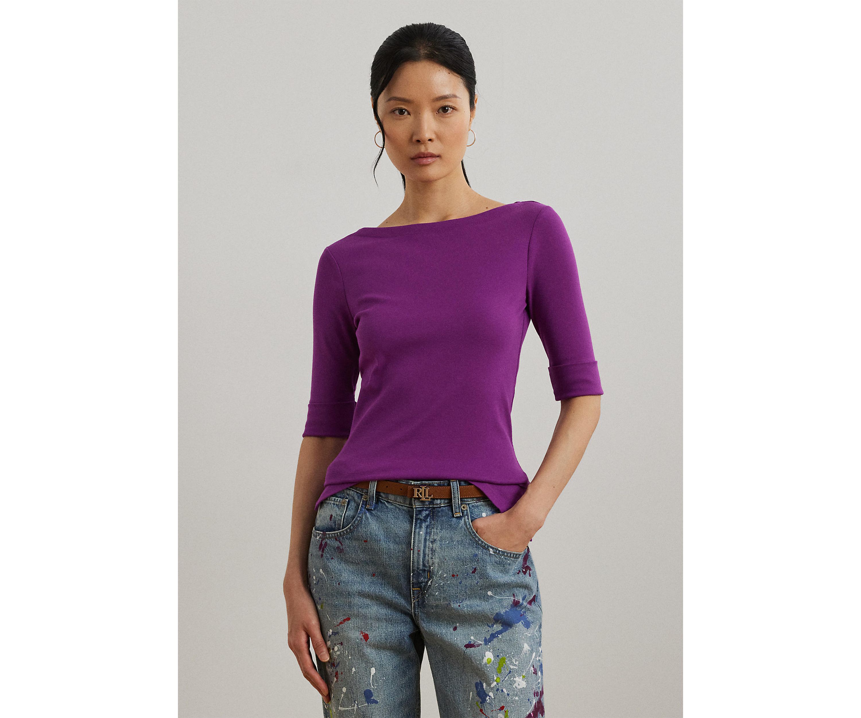 Petite Stretch Cotton Boat Neck T-Shirt