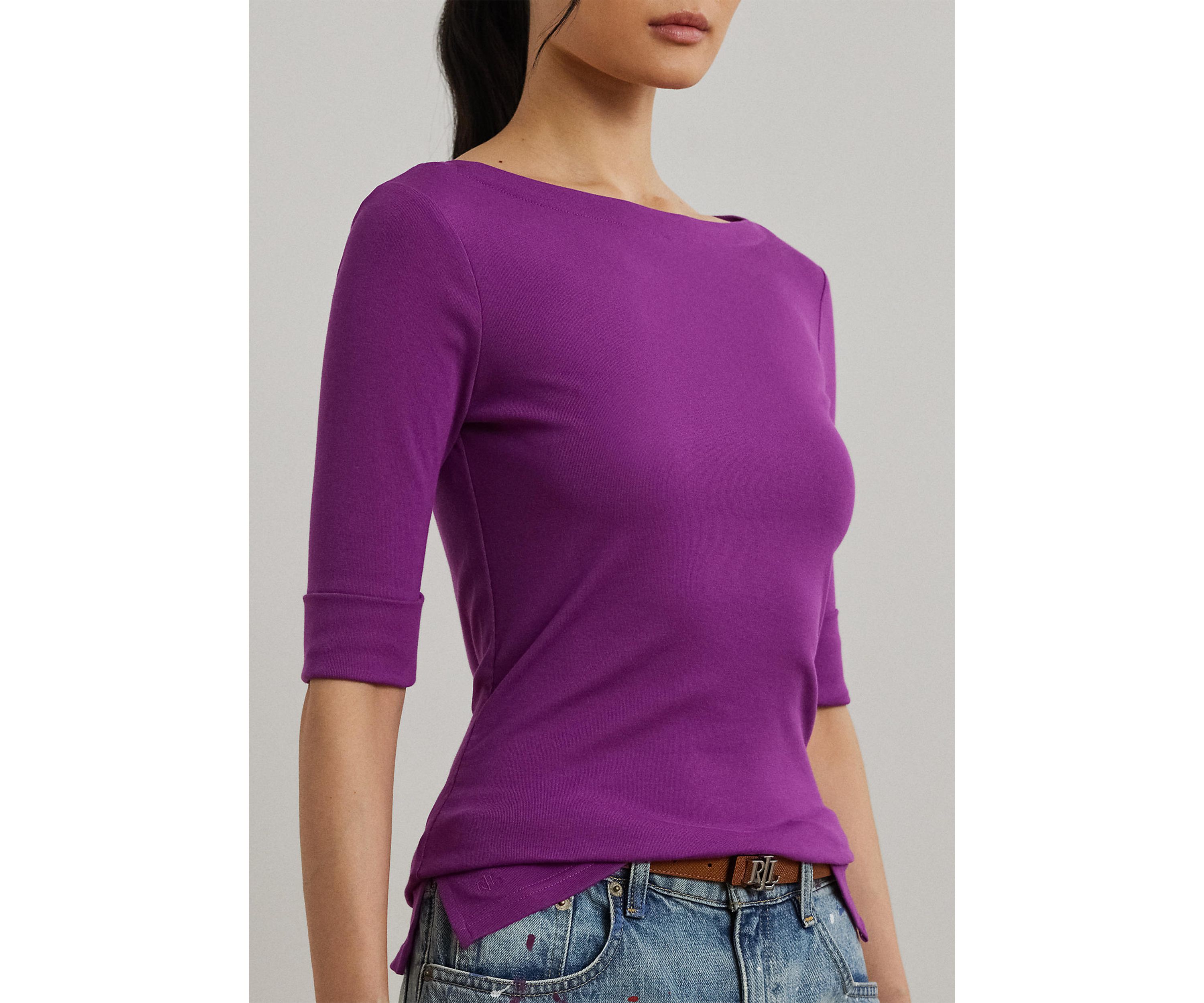 Petite Stretch Cotton Boat Neck T-Shirt