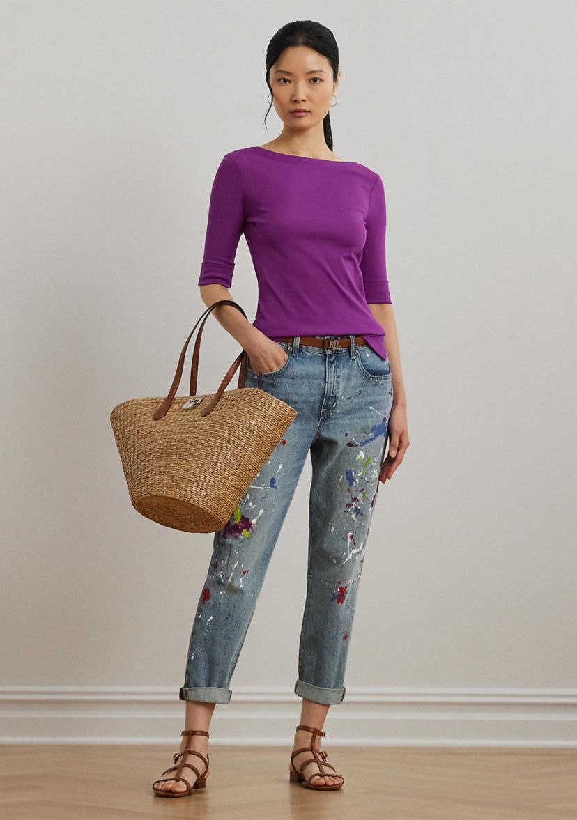 Petite Stretch Cotton Boat Neck T-Shirt