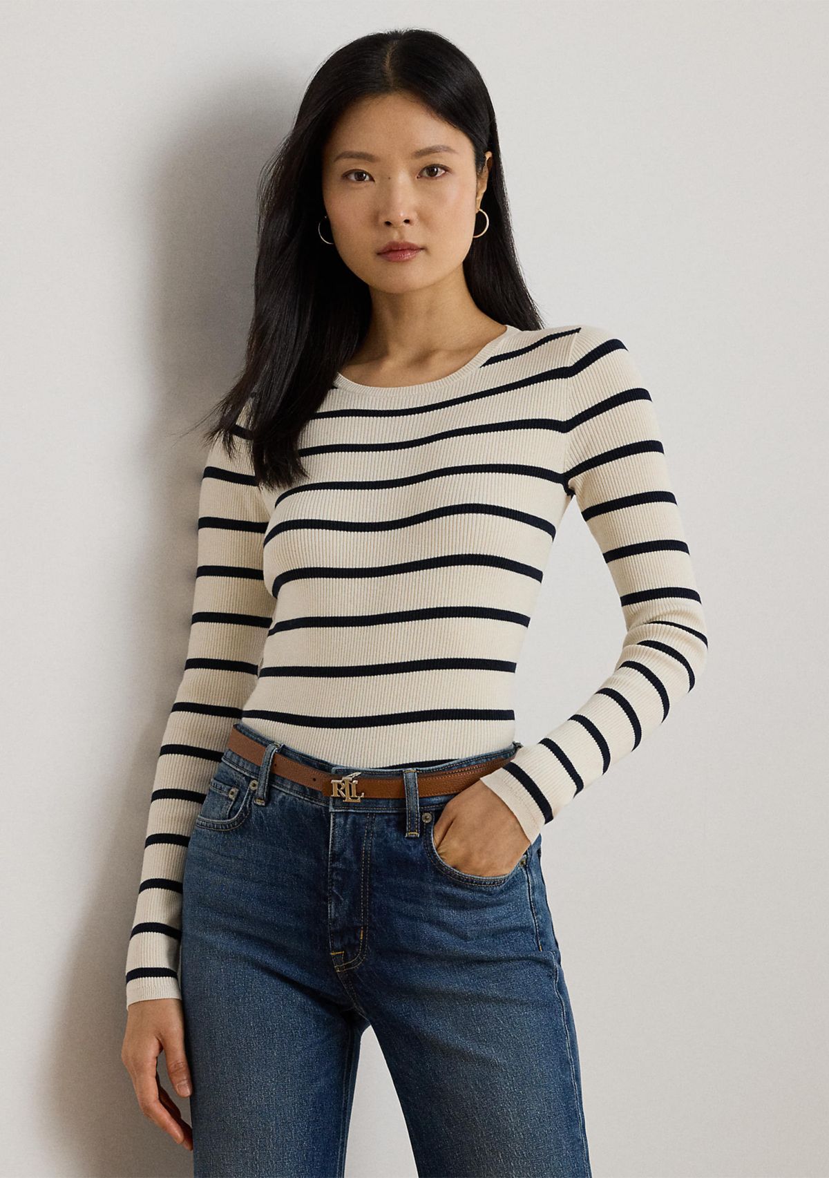 Womens Striped Rib-Knit Crewneck Sweater