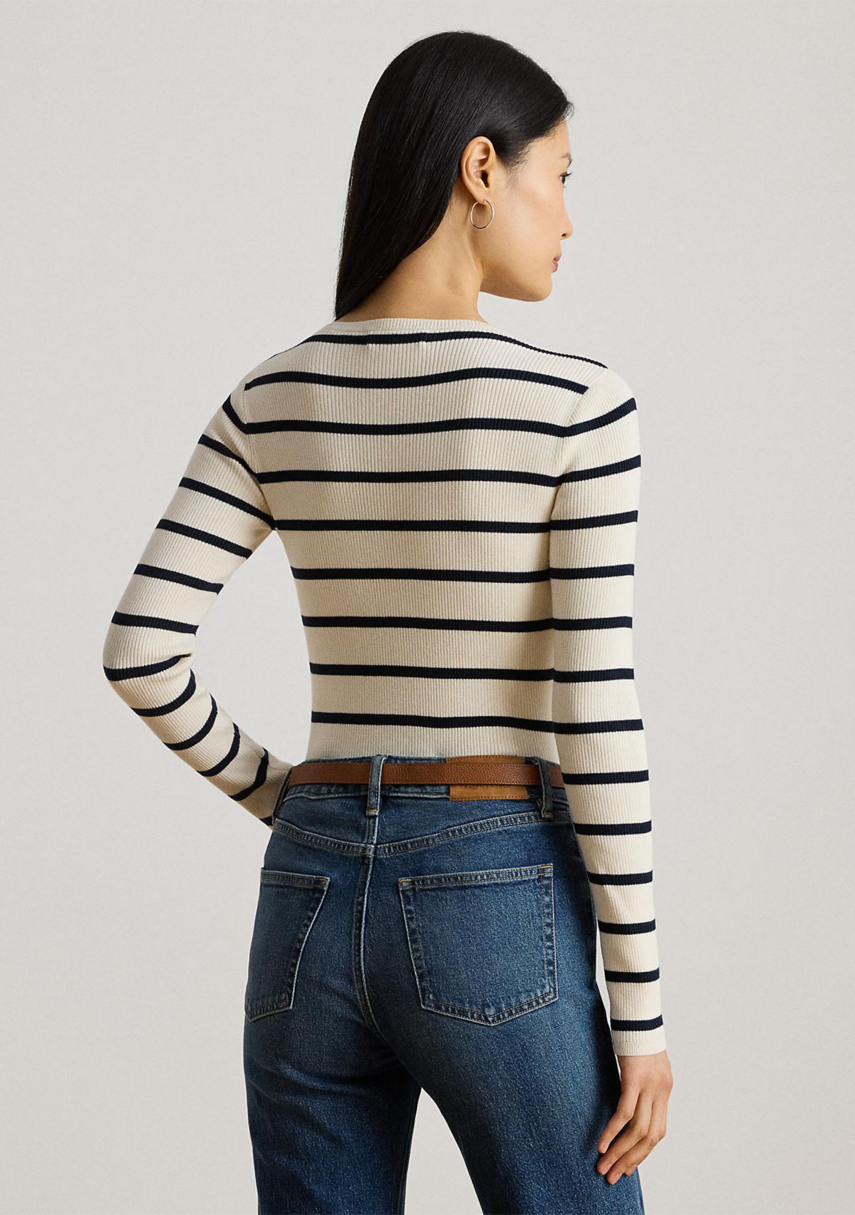 Womens Striped Rib-Knit Crewneck Sweater