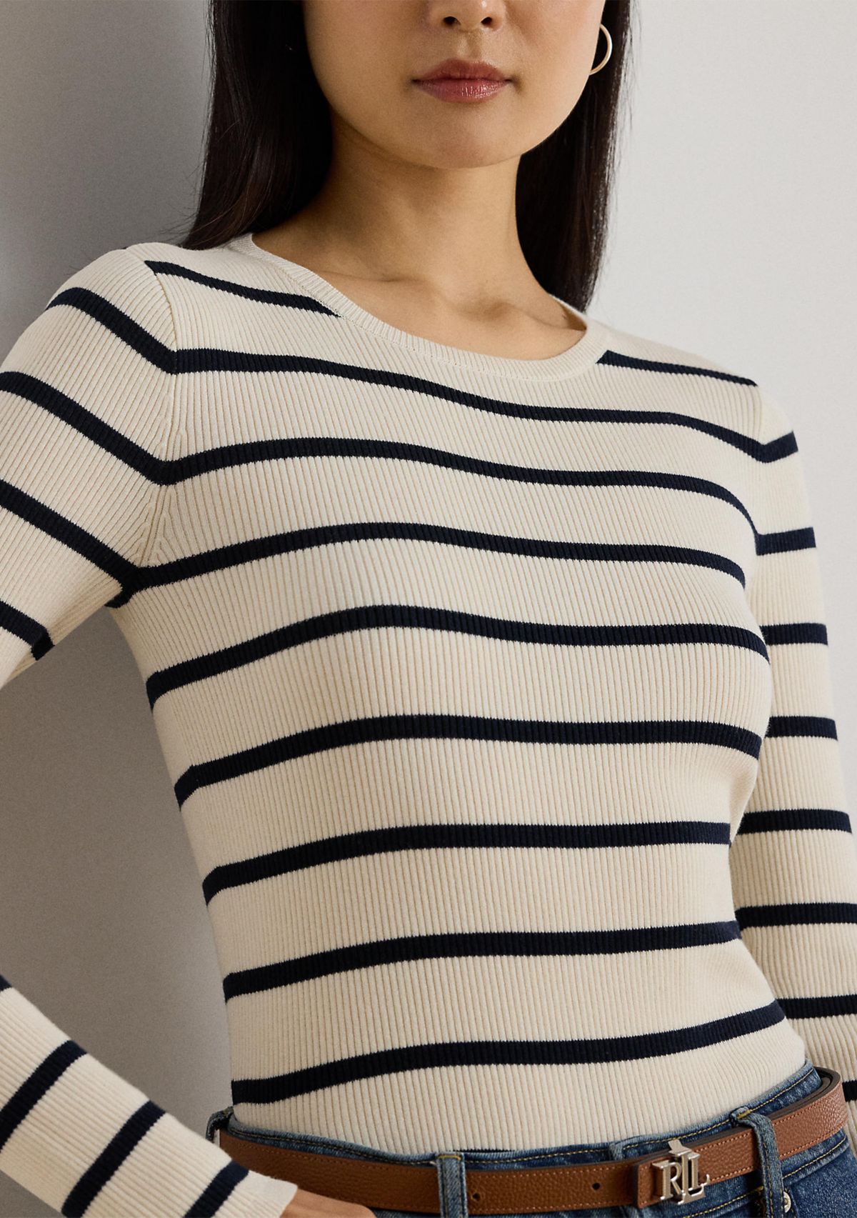 Womens Striped Rib-Knit Crewneck Sweater