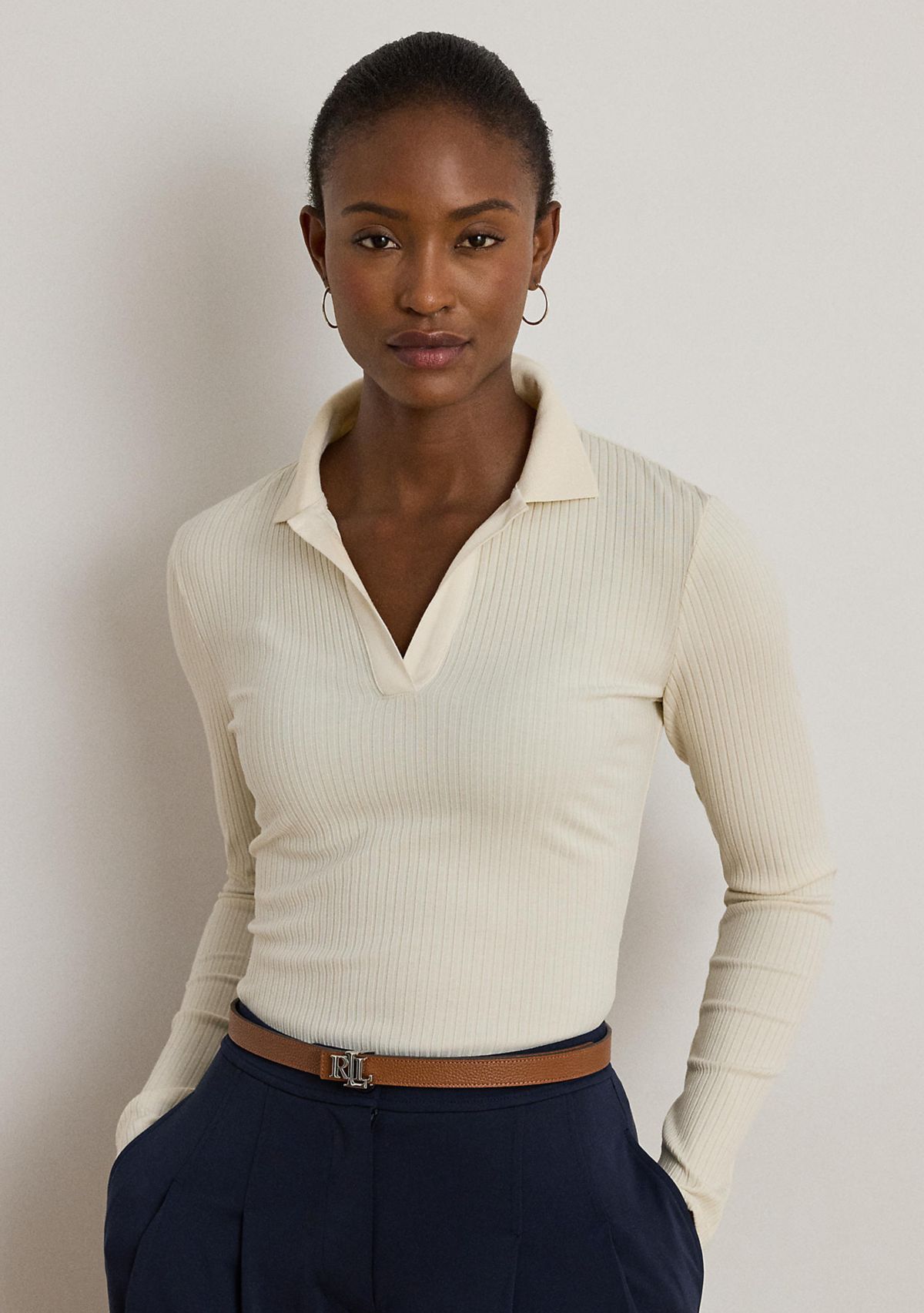 Rib-Knit Long-Sleeve Polo Top