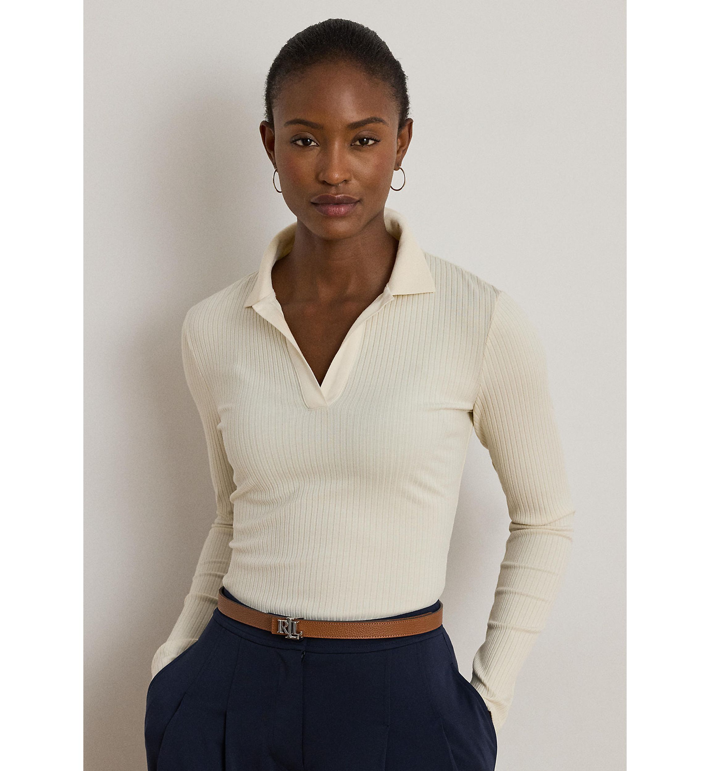 Rib-Knit Long-Sleeve Polo Top