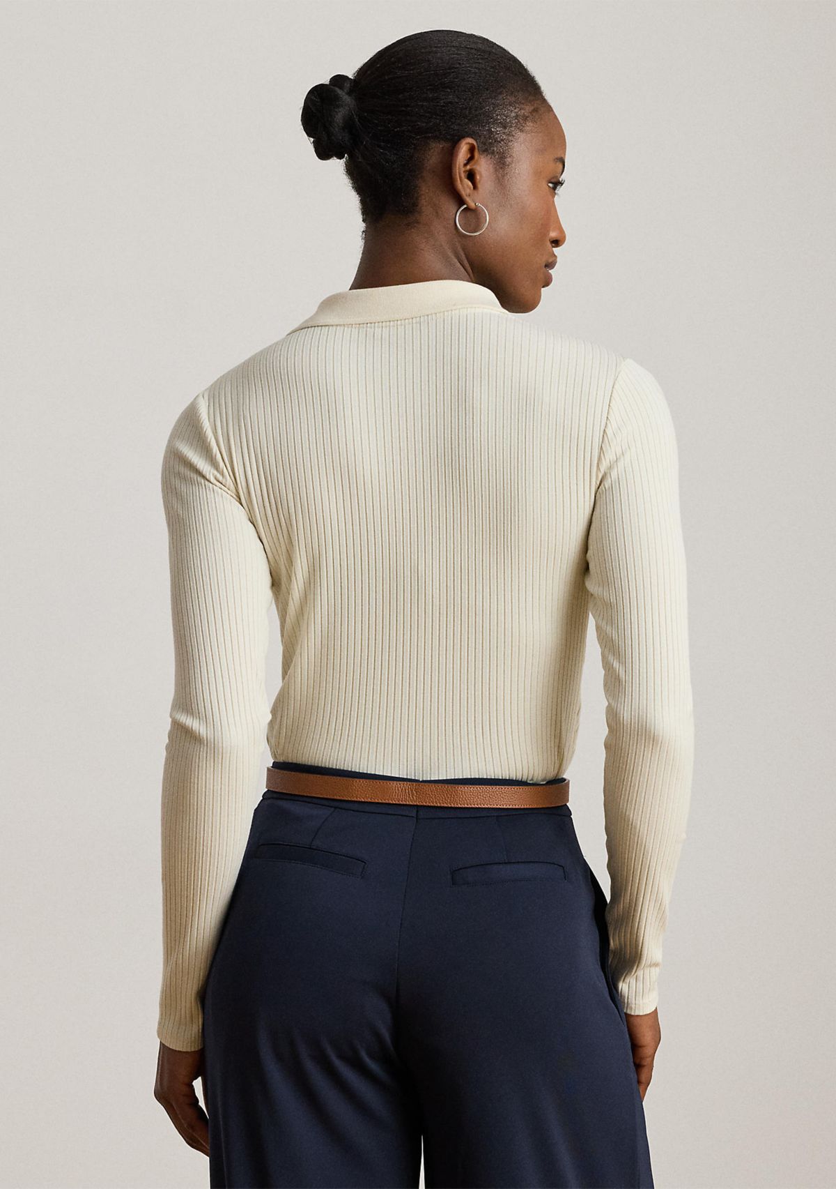 Rib-Knit Long-Sleeve Polo Top