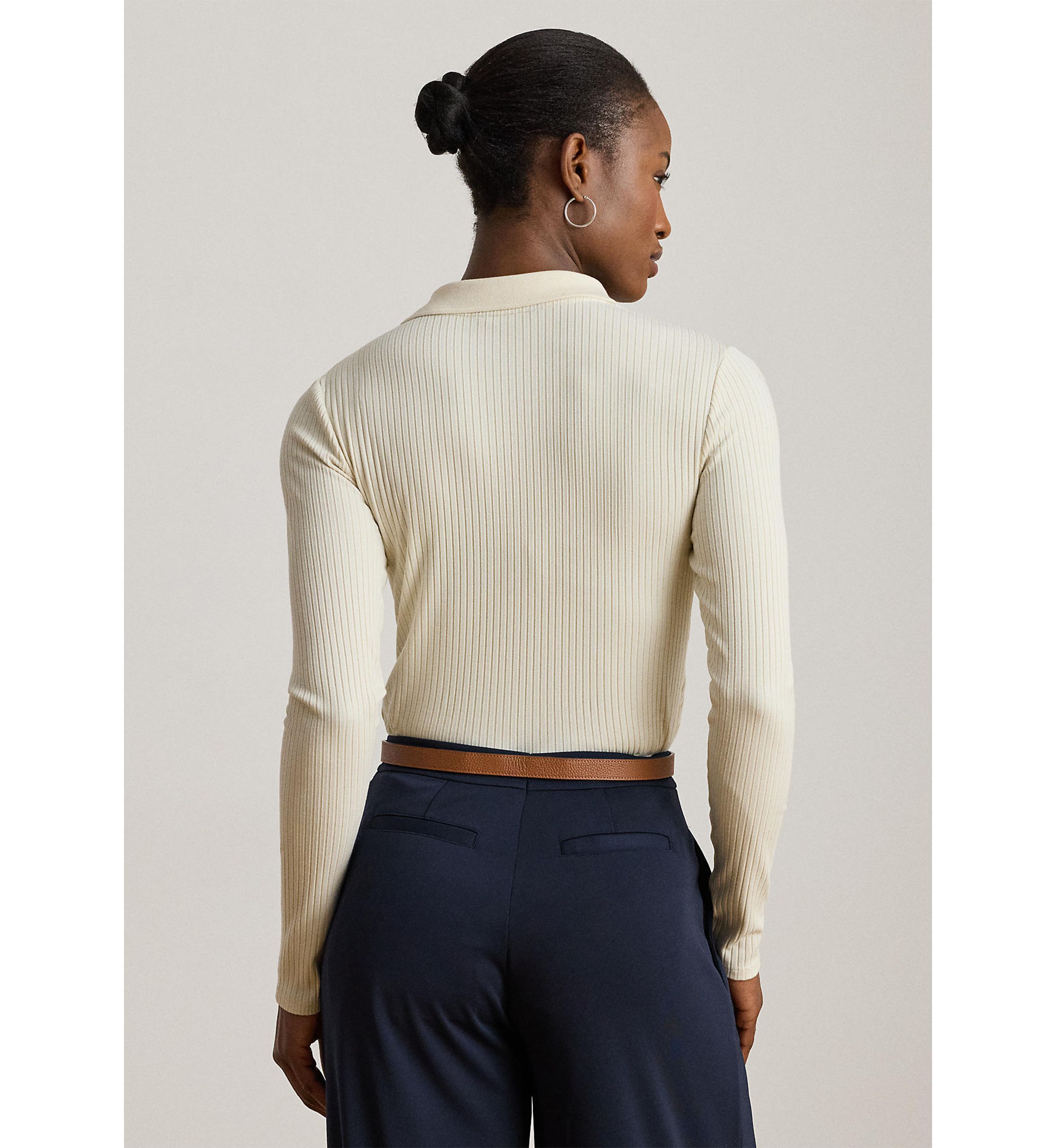 Rib-Knit Long-Sleeve Polo Top
