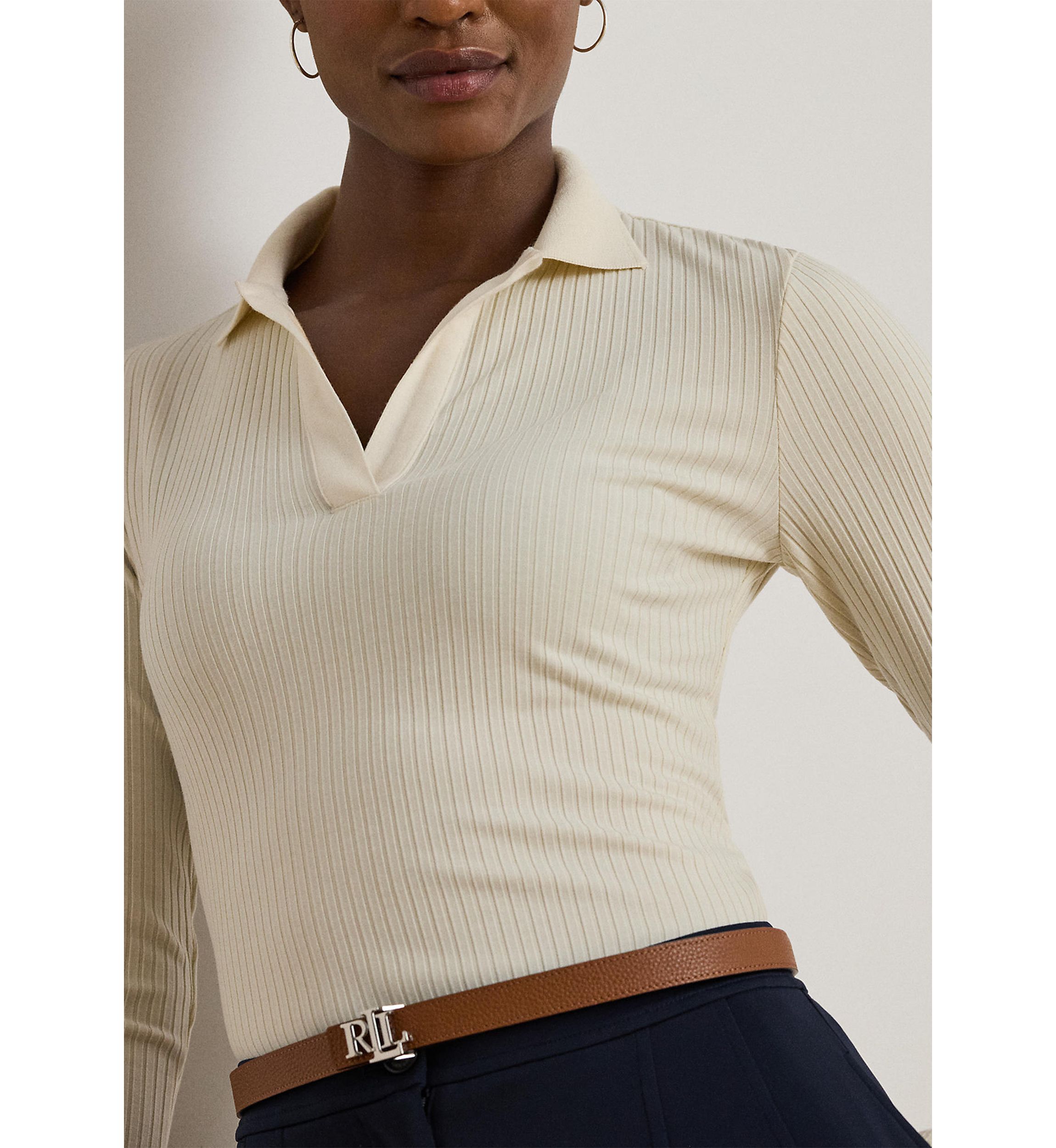 Rib-Knit Long-Sleeve Polo Top