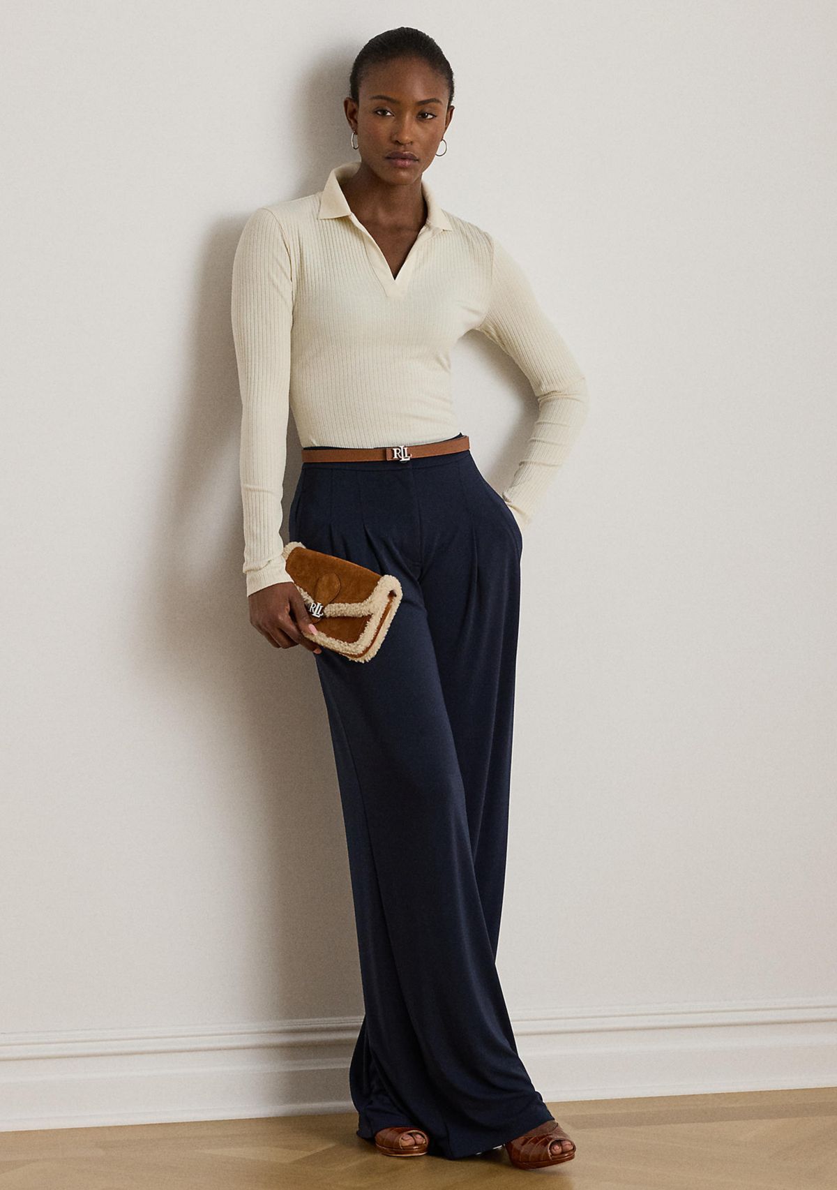 Rib-Knit Long-Sleeve Polo Top