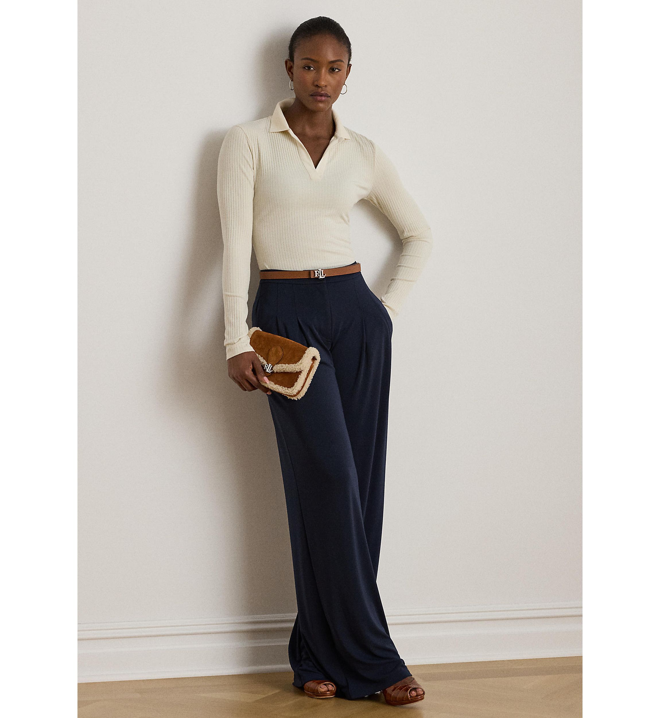Rib-Knit Long-Sleeve Polo Top