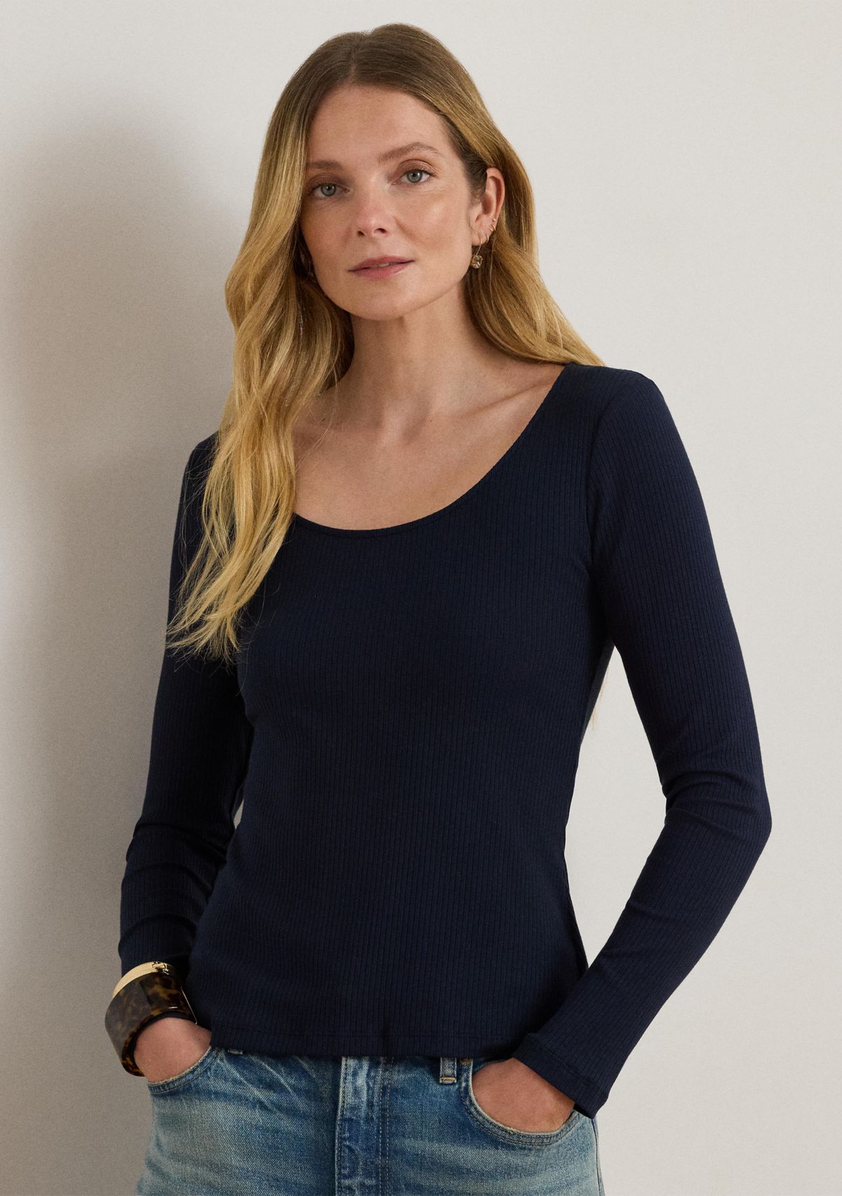 Rib-Knit Long-Sleeve Scoop Neck Tee