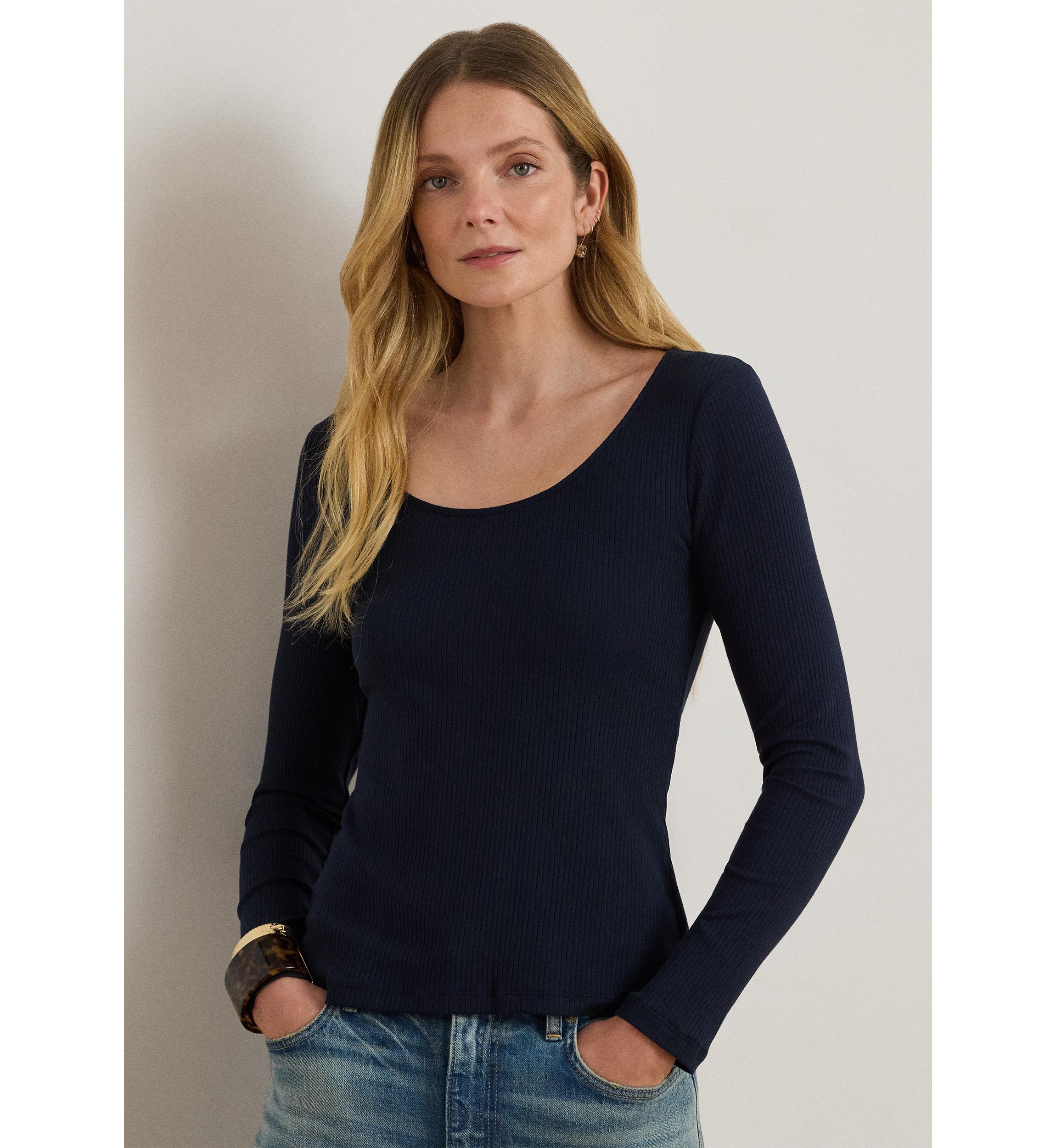 Rib-Knit Long-Sleeve Scoop Neck Tee