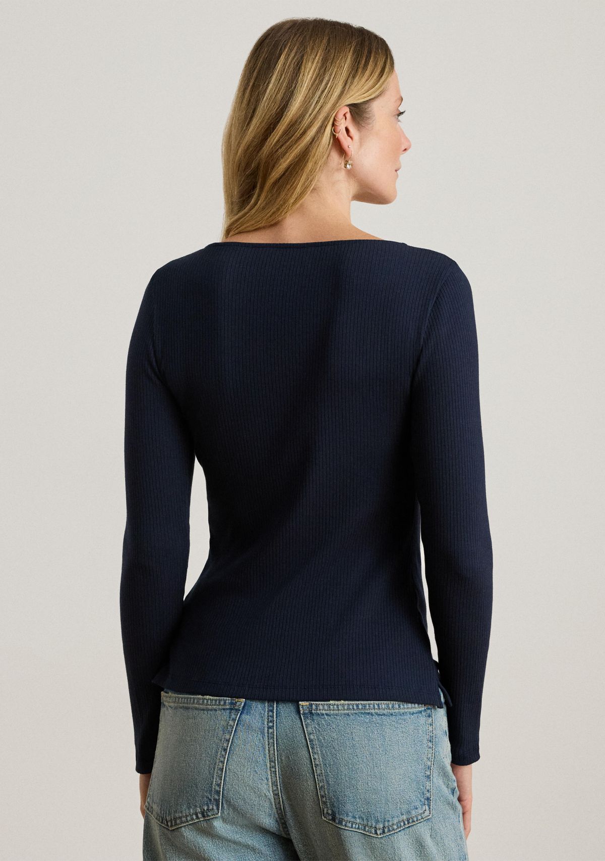 Rib-Knit Long-Sleeve Scoop Neck Tee