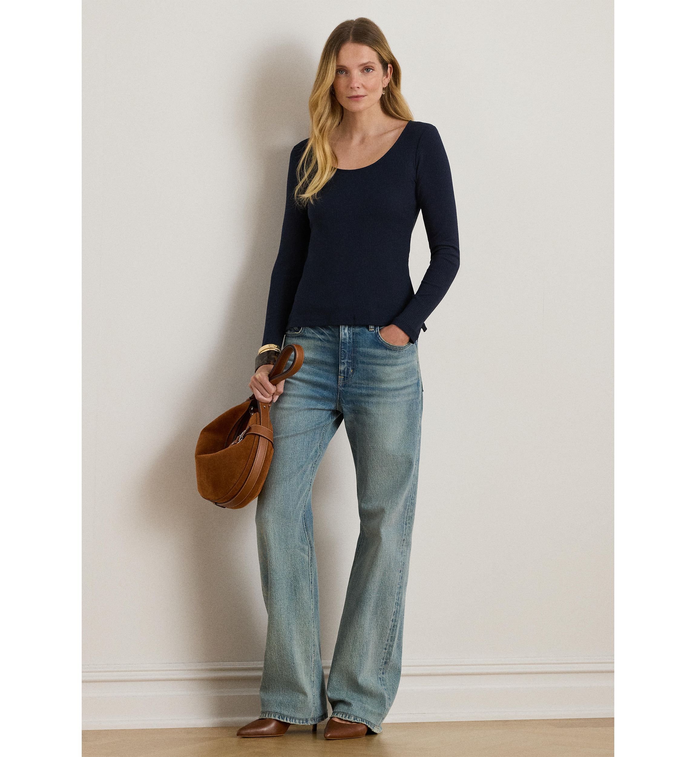 Rib-Knit Long-Sleeve Scoop Neck Tee