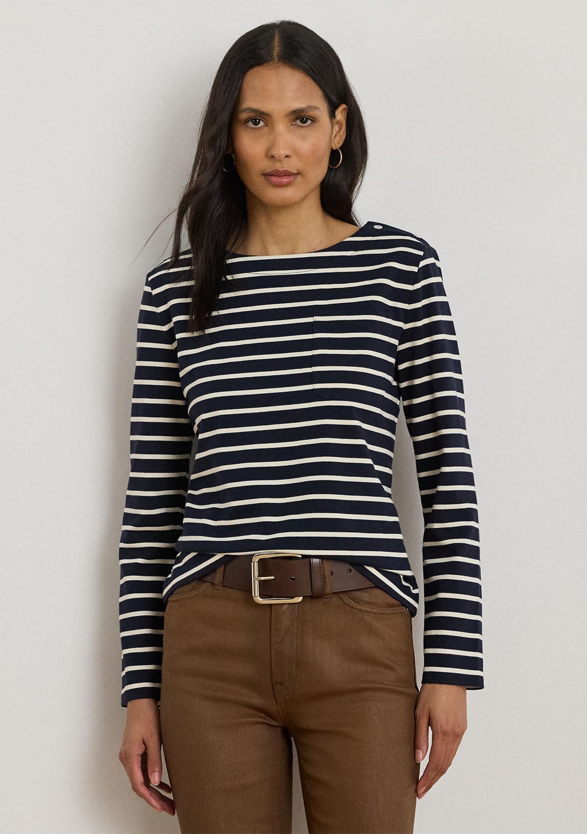 Striped Jersey Snap-Trim Boatneck Top