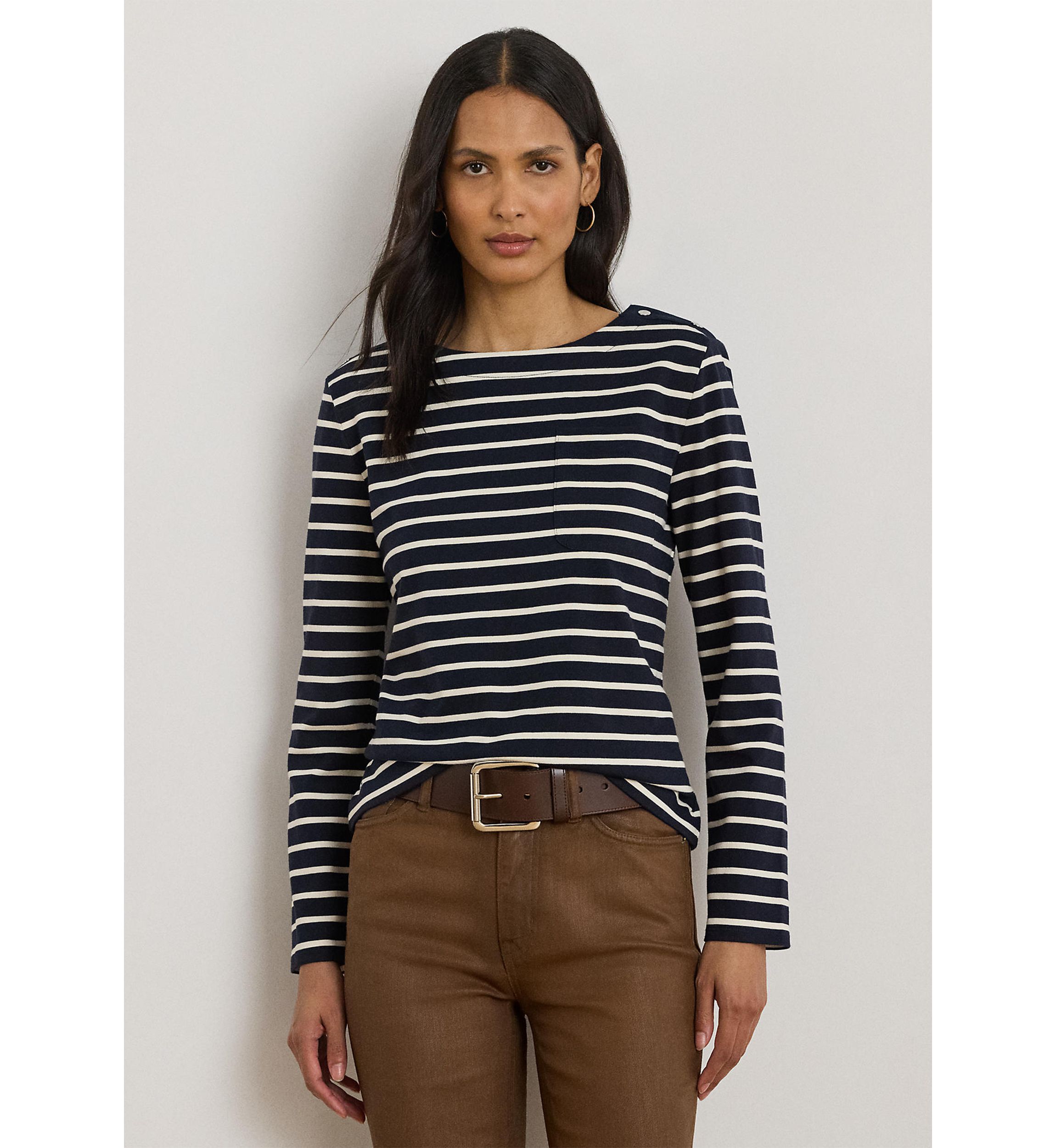 Striped Jersey Snap-Trim Boatneck Top