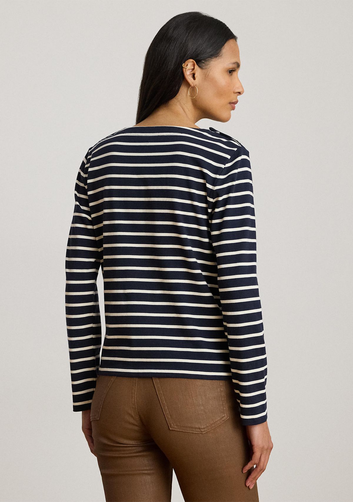 Striped Jersey Snap-Trim Boatneck Top