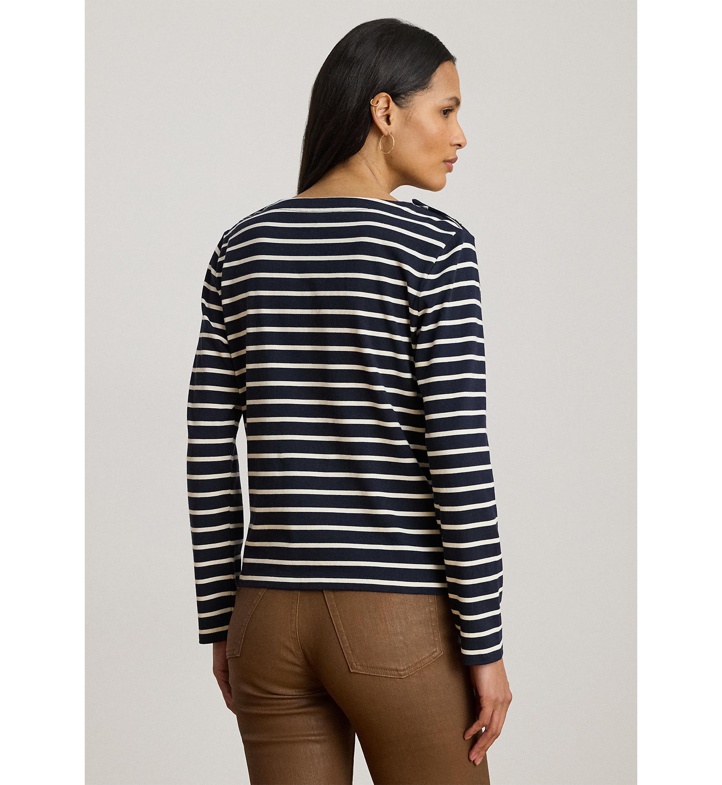 Striped Jersey Snap-Trim Boatneck Top