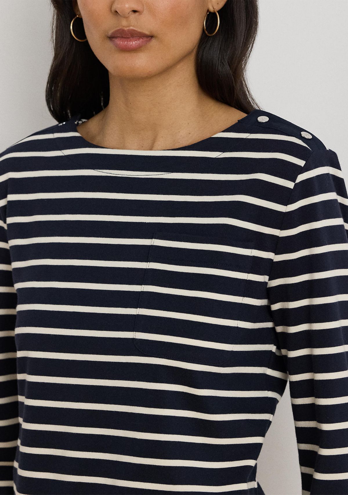 Striped Jersey Snap-Trim Boatneck Top