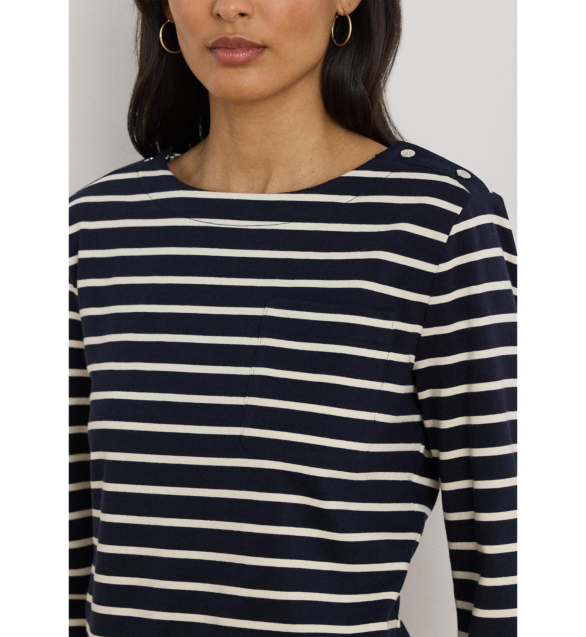 Striped Jersey Snap-Trim Boatneck Top