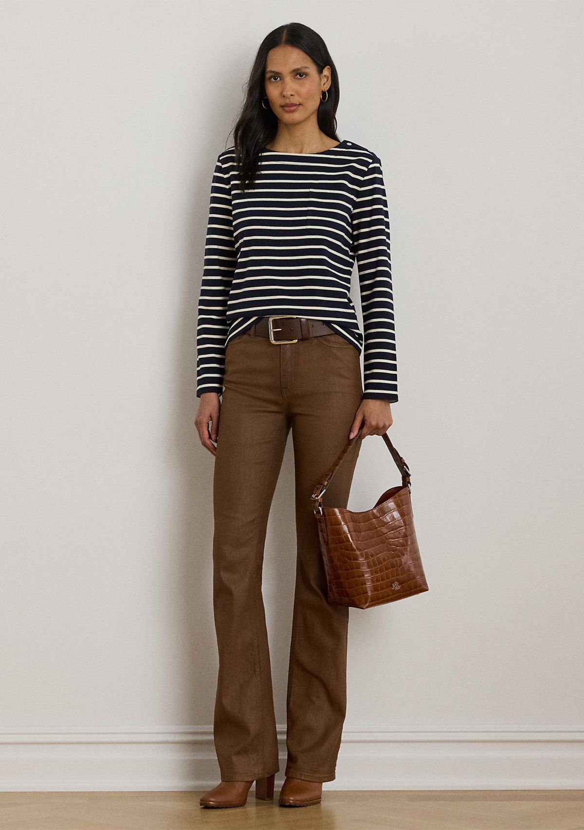 Striped Jersey Snap-Trim Boatneck Top