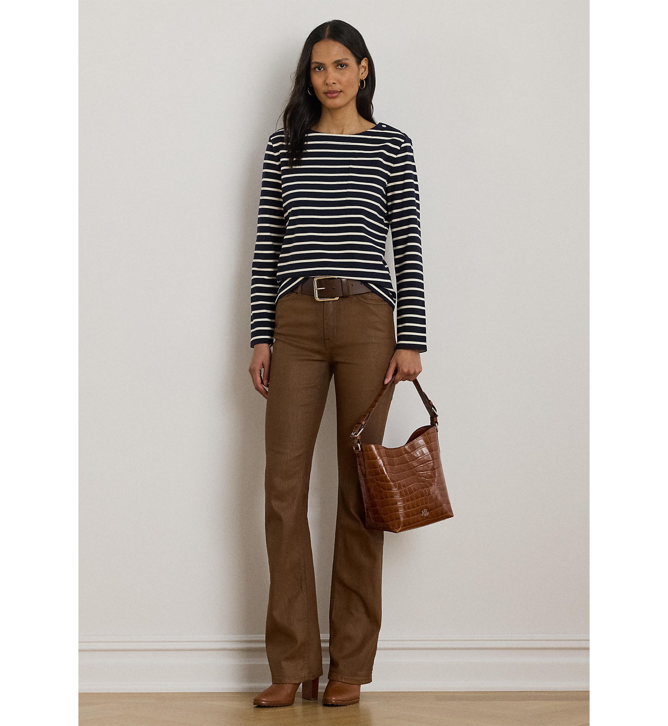 Striped Jersey Snap-Trim Boatneck Top