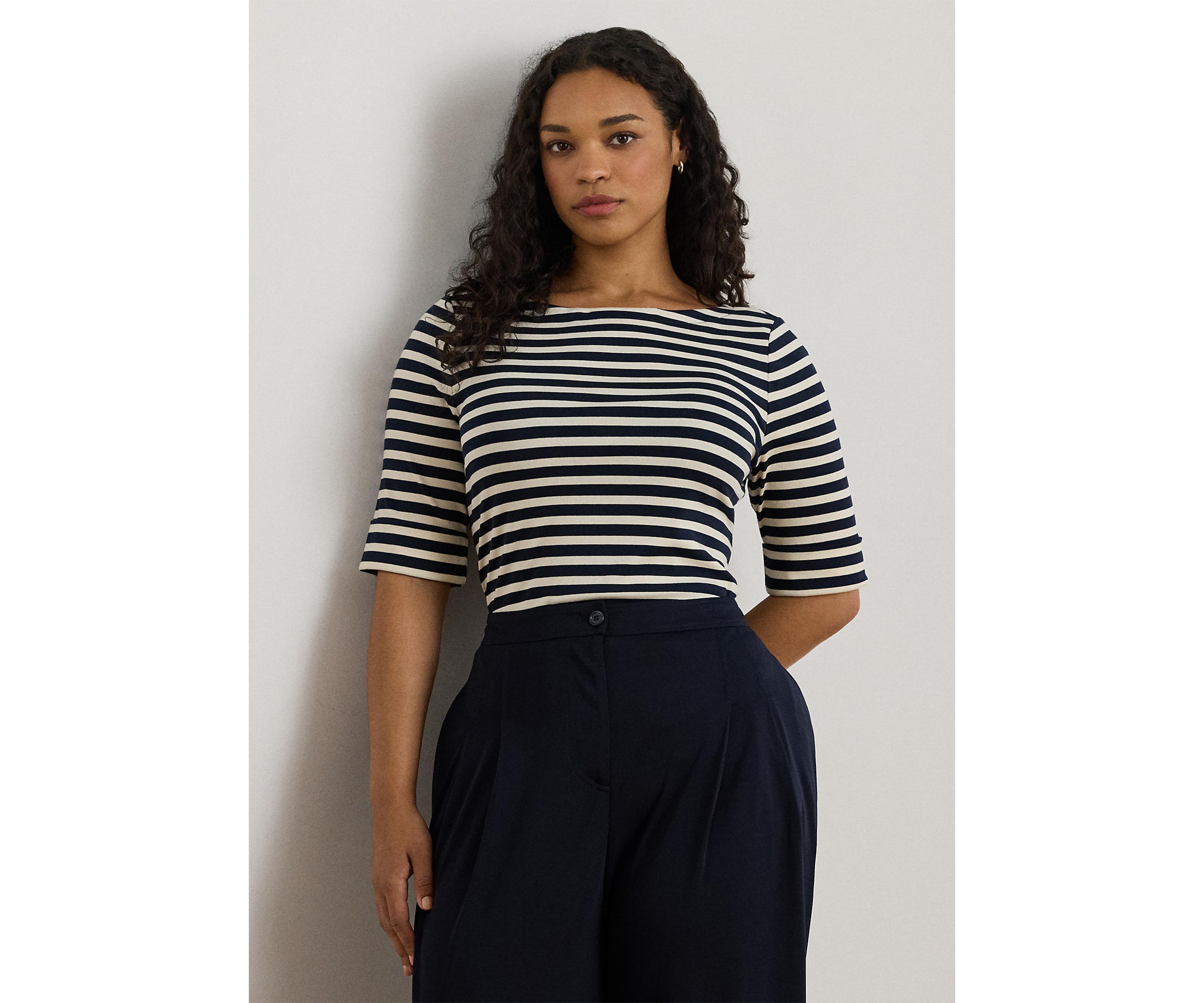 Striped Stretch Cotton Boatneck Tee