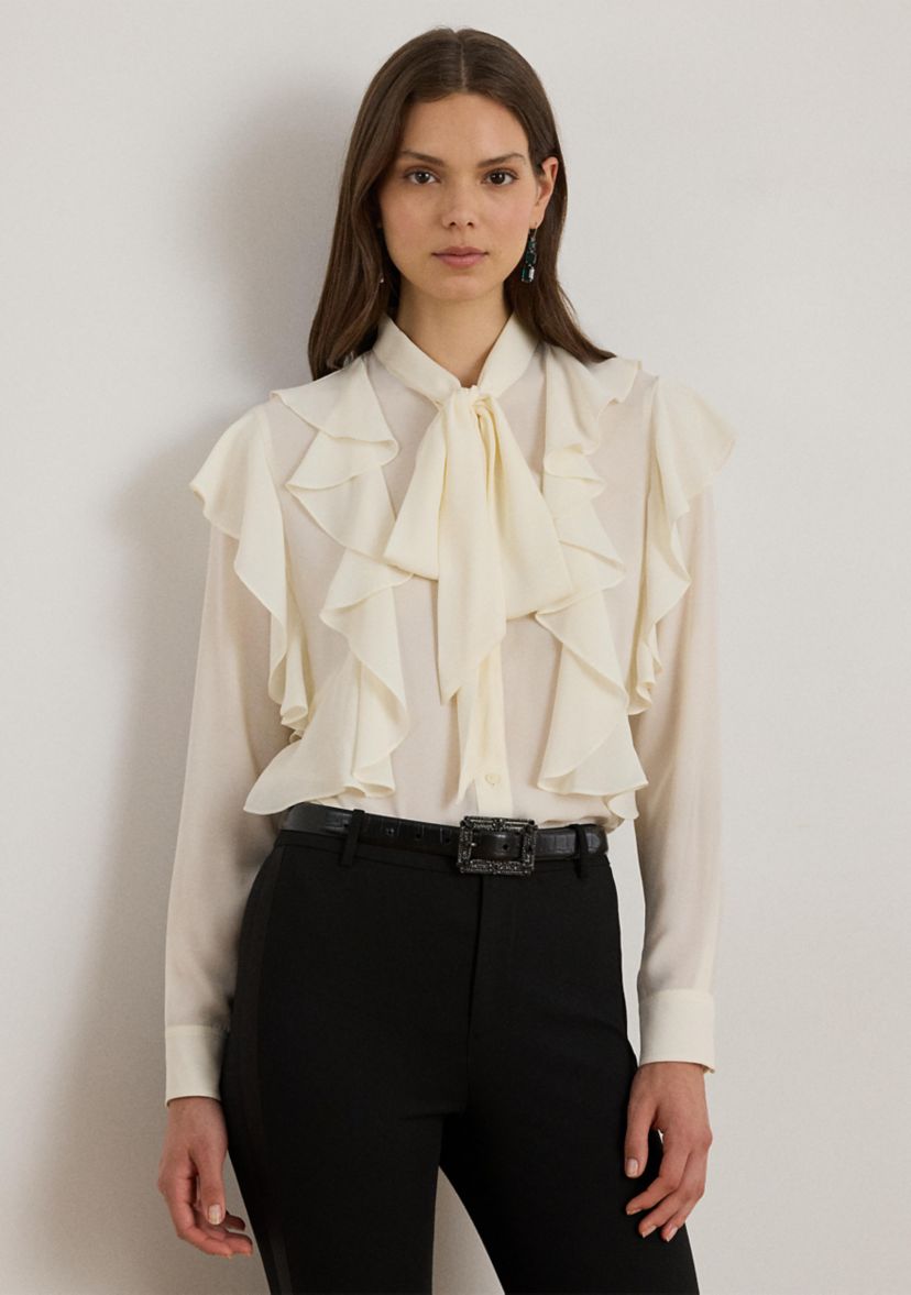 Womens Ruffle-Trim Georgette Tie-Neck Blouse