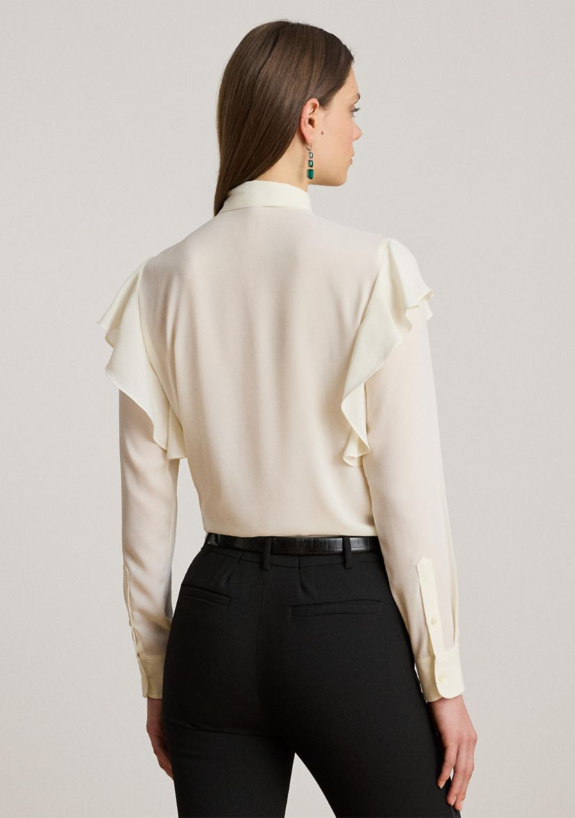 Womens Ruffle-Trim Georgette Tie-Neck Blouse