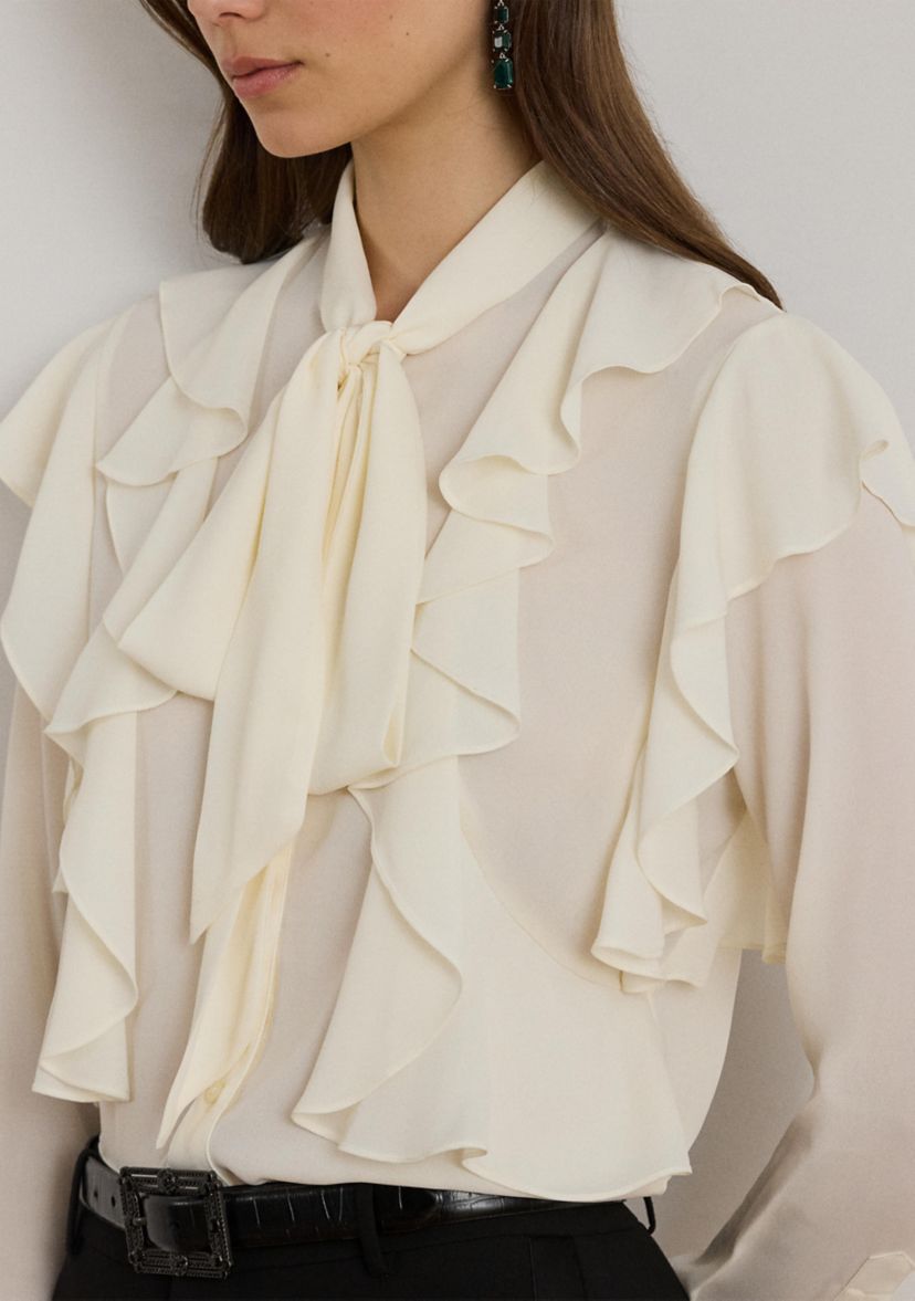 Womens Ruffle-Trim Georgette Tie-Neck Blouse