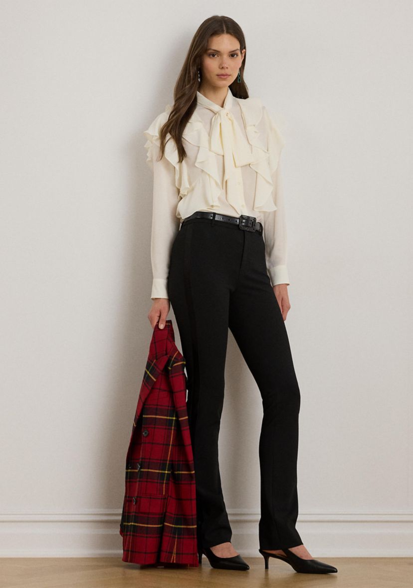 Womens Ruffle-Trim Georgette Tie-Neck Blouse