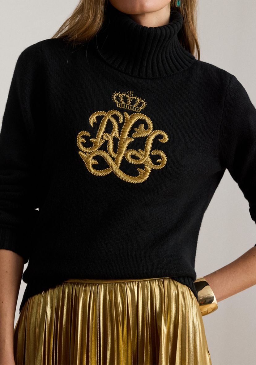 Womens Embroidered-Logo Wool-Blend Turtleneck
