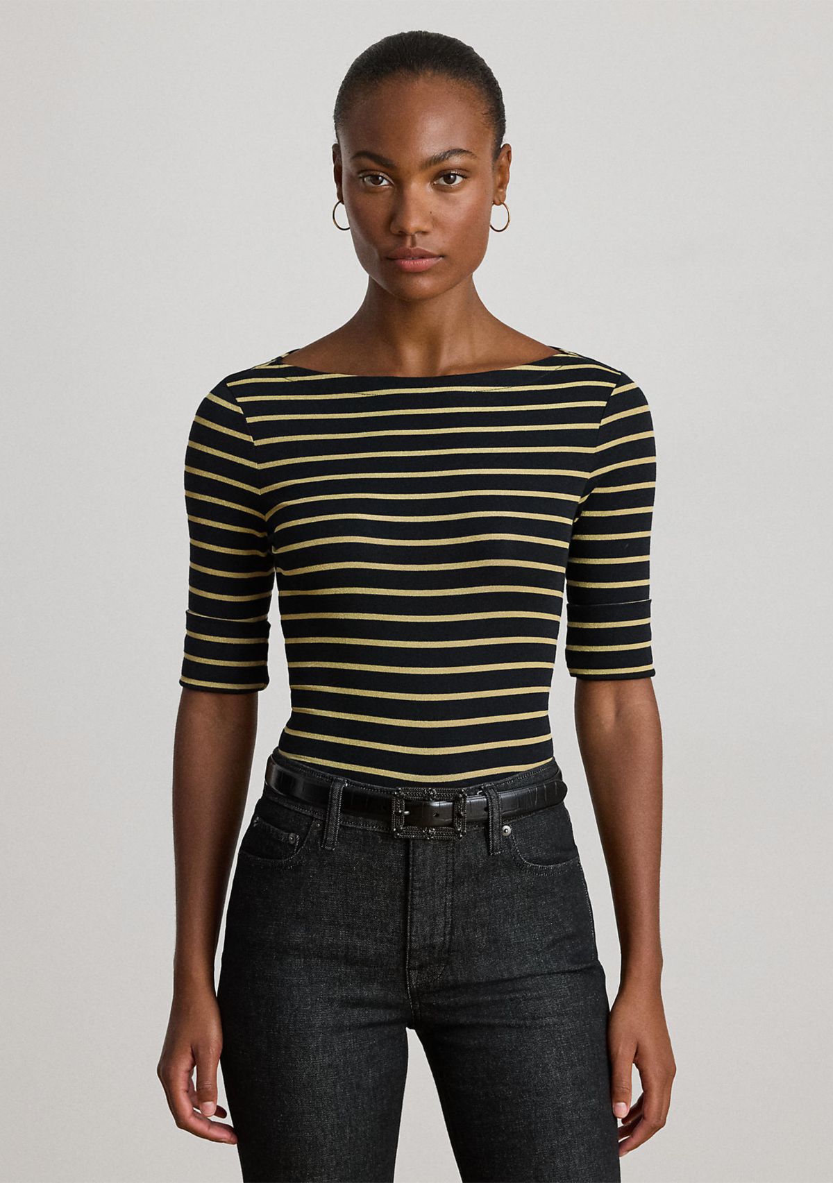 Womens Metallic Striped Boatneck Tee