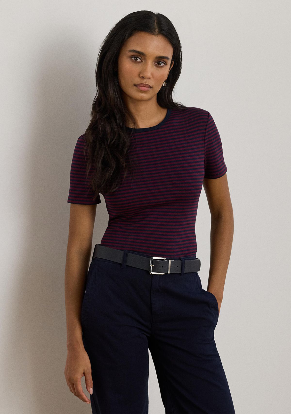 Womens Striped Stretch Cotton Crewneck T-Shirt