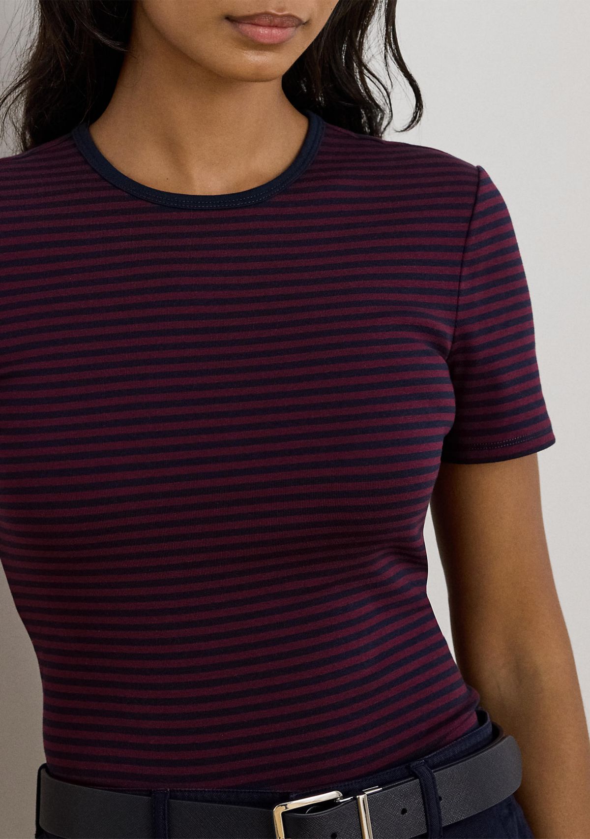 Womens Striped Stretch Cotton Crewneck T-Shirt