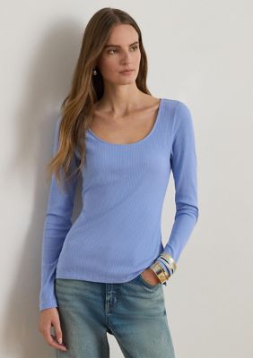 Lauren Ralph Lauren Women's Rib-Knit Long-Sleeve Scoop Neck T-Shirt, Blue, Large