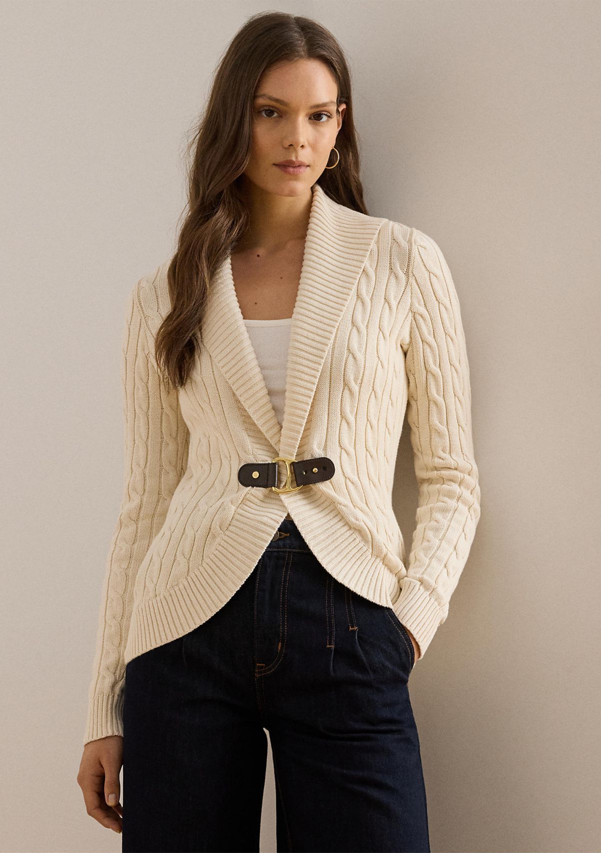 Buckle-Trim Cable Shawl-Collar Cardigan
