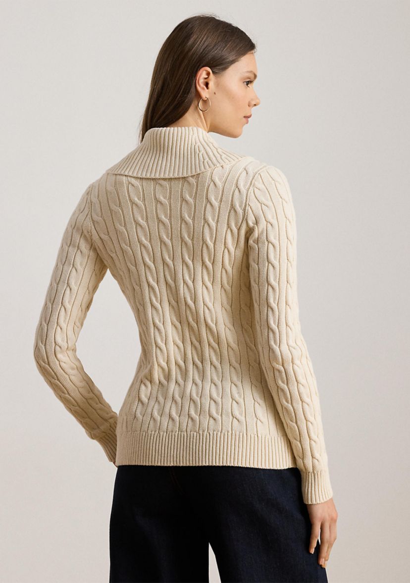 Buckle-Trim Cable Shawl-Collar Cardigan