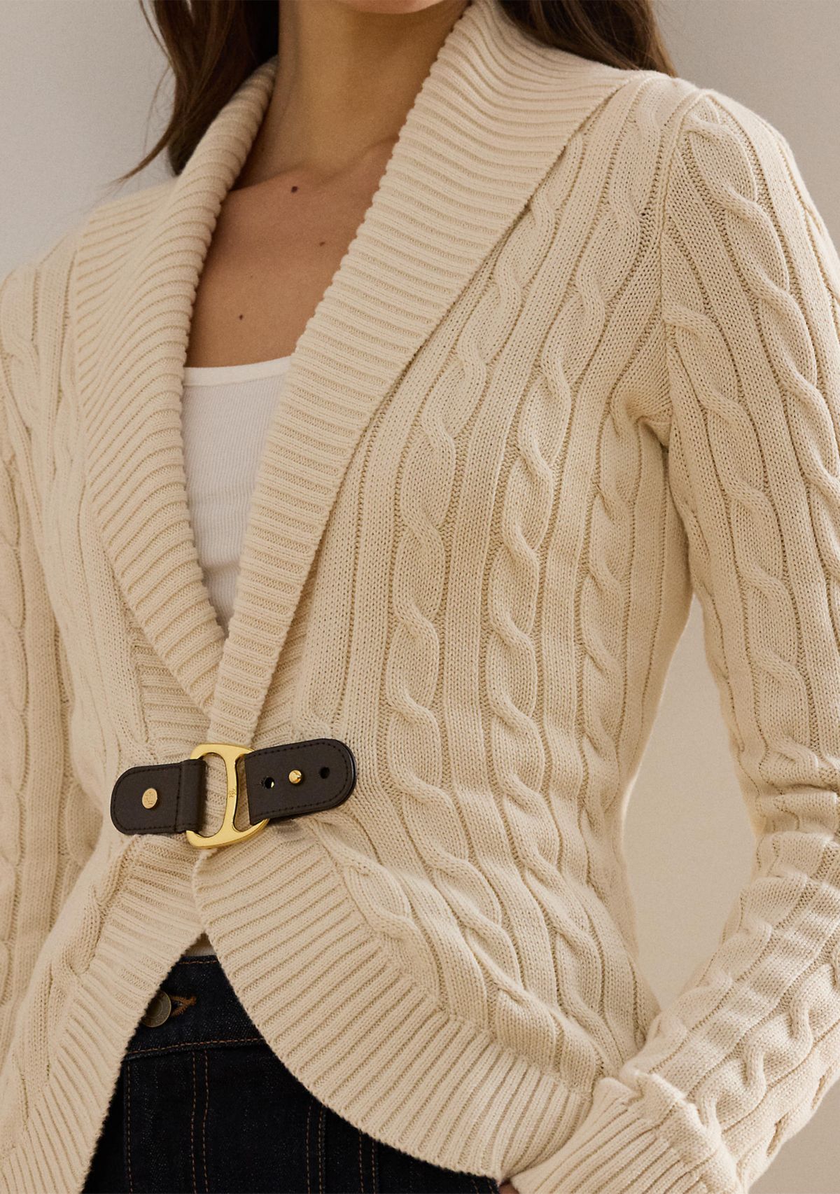 Buckle-Trim Cable Shawl-Collar Cardigan