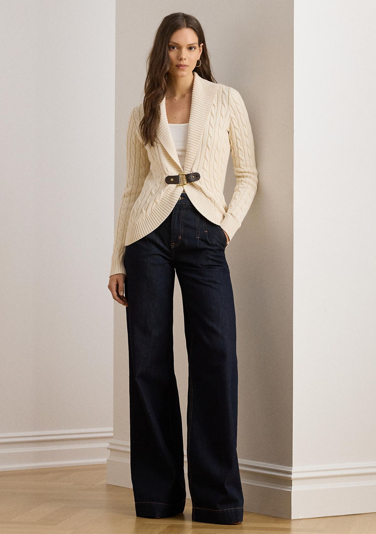 Buckle-Trim Cable Shawl-Collar Cardigan