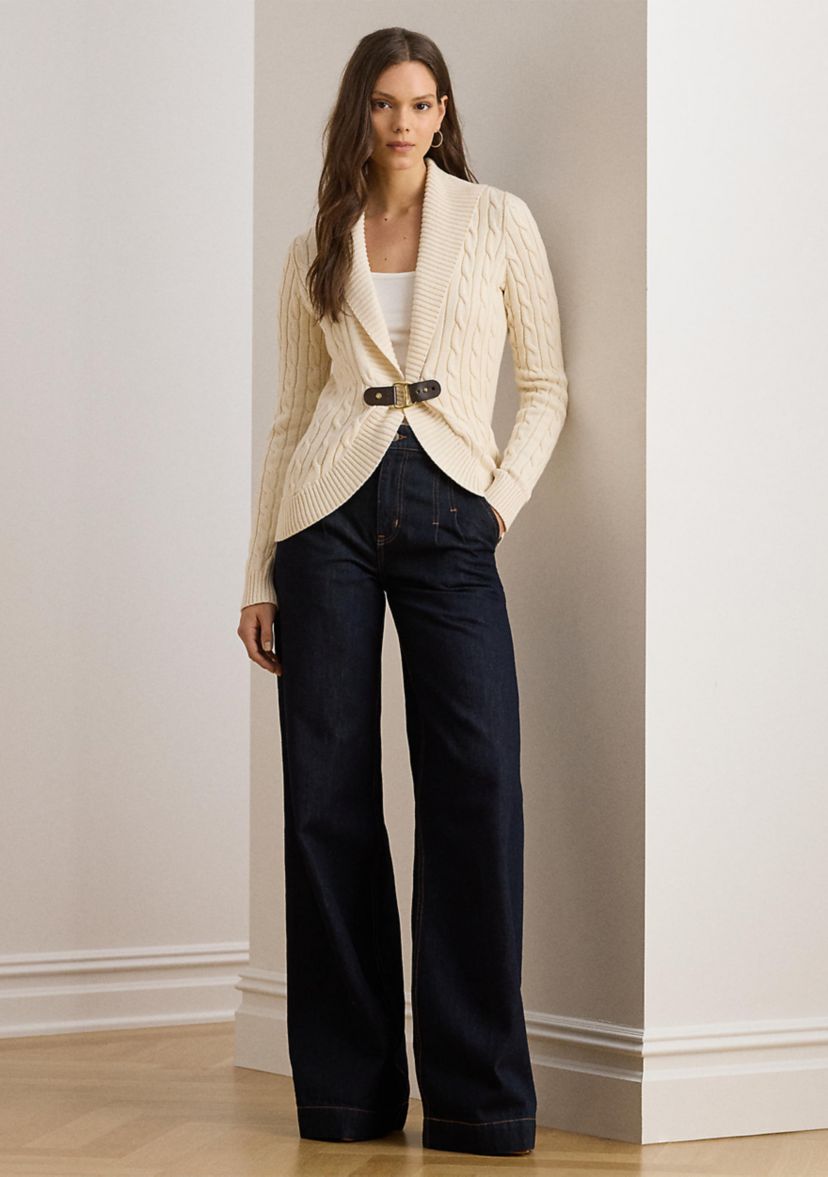 Buckle-Trim Cable Shawl-Collar Cardigan