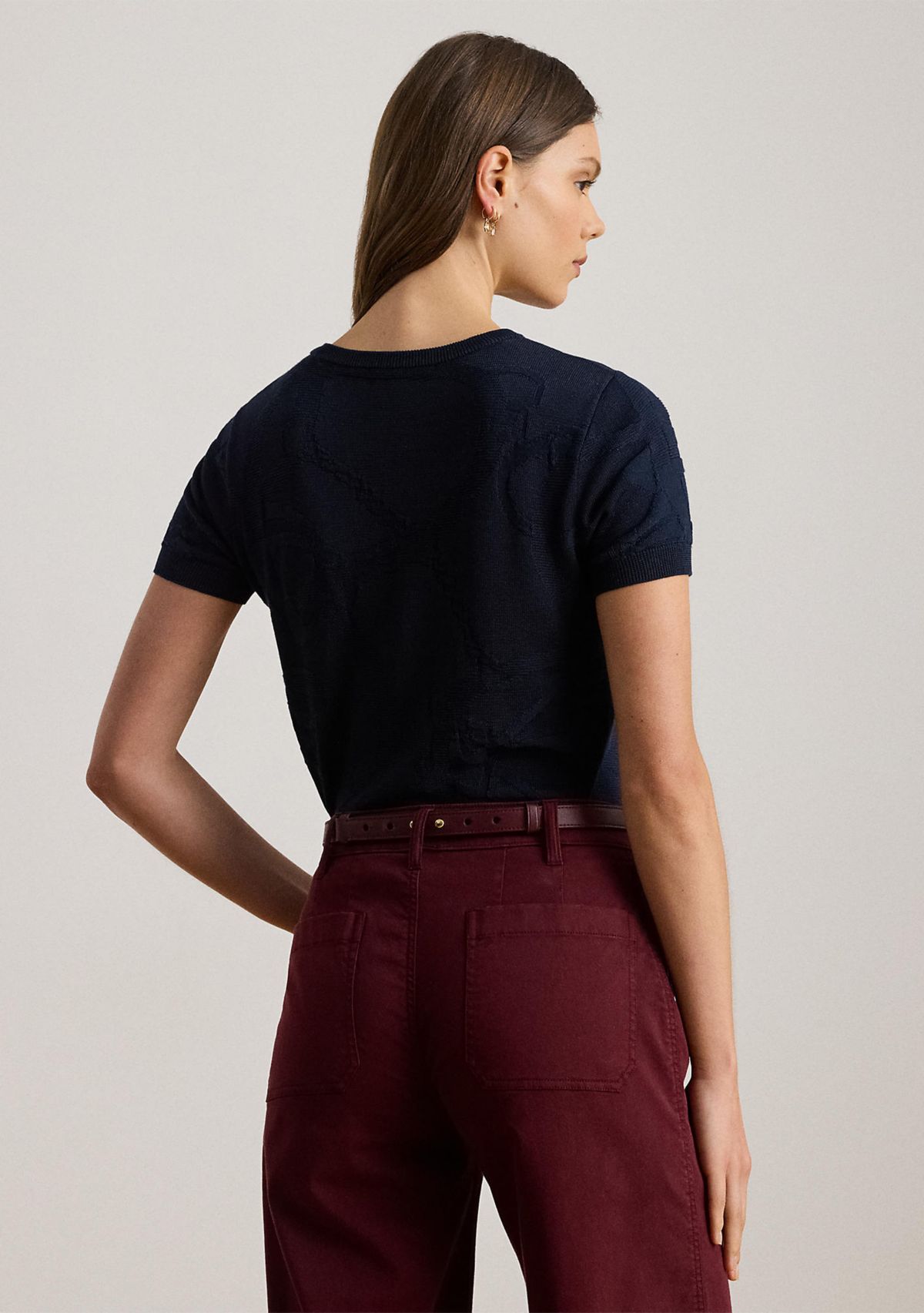 Womens Belting-Motif Short-Sleeve Sweater