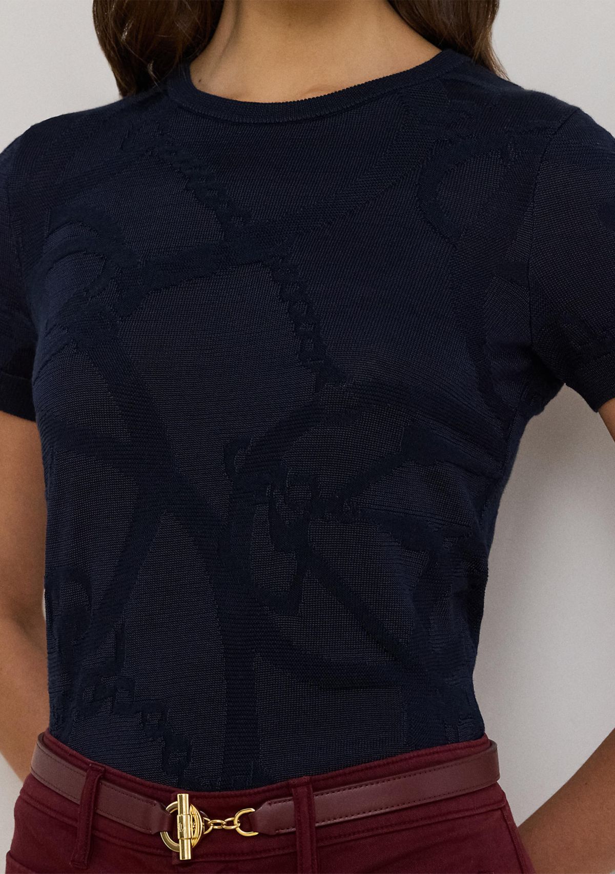 Womens Belting-Motif Short-Sleeve Sweater