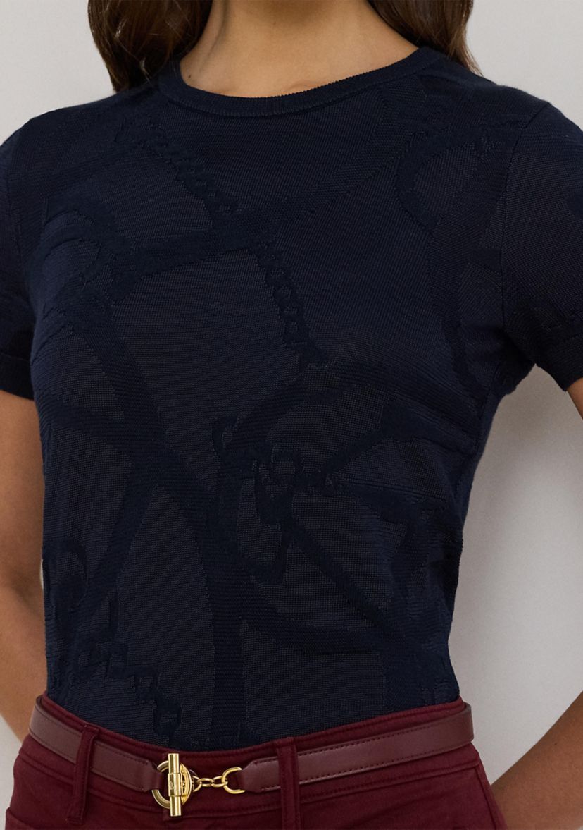 Womens Belting-Motif Short-Sleeve Sweater