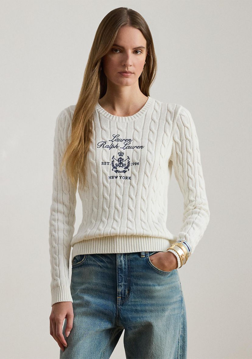 Womens Embroidered-Crest Cable-Knit Sweater
